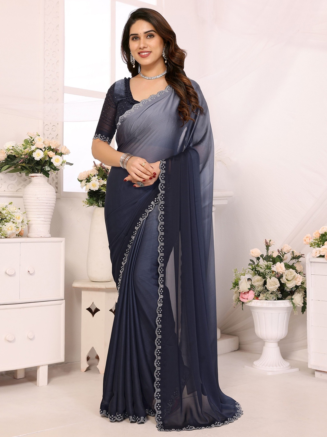 

Ambuja International Ombre Beads and Stones Pure Silk Saree, Grey