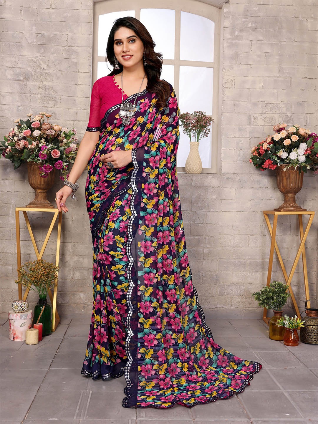

Ambuja International Floral Mirror Work Pure Georgette Saree, Navy blue