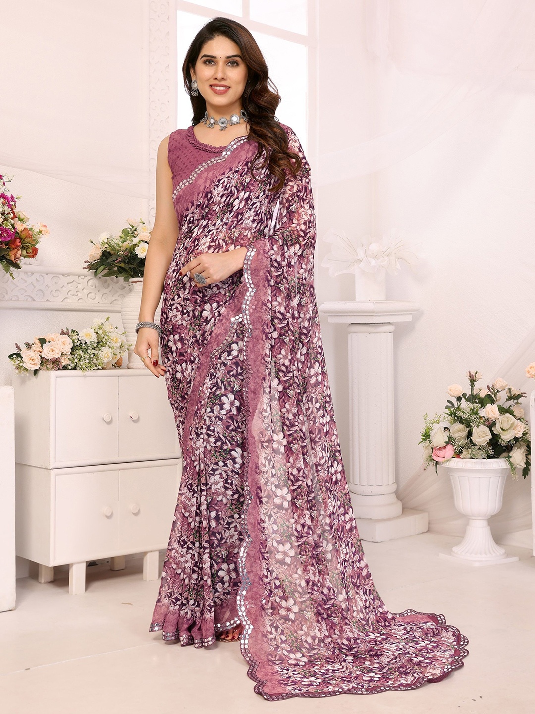 

Ambuja International Floral Mirror Work Pure Georgette Saree, Pink