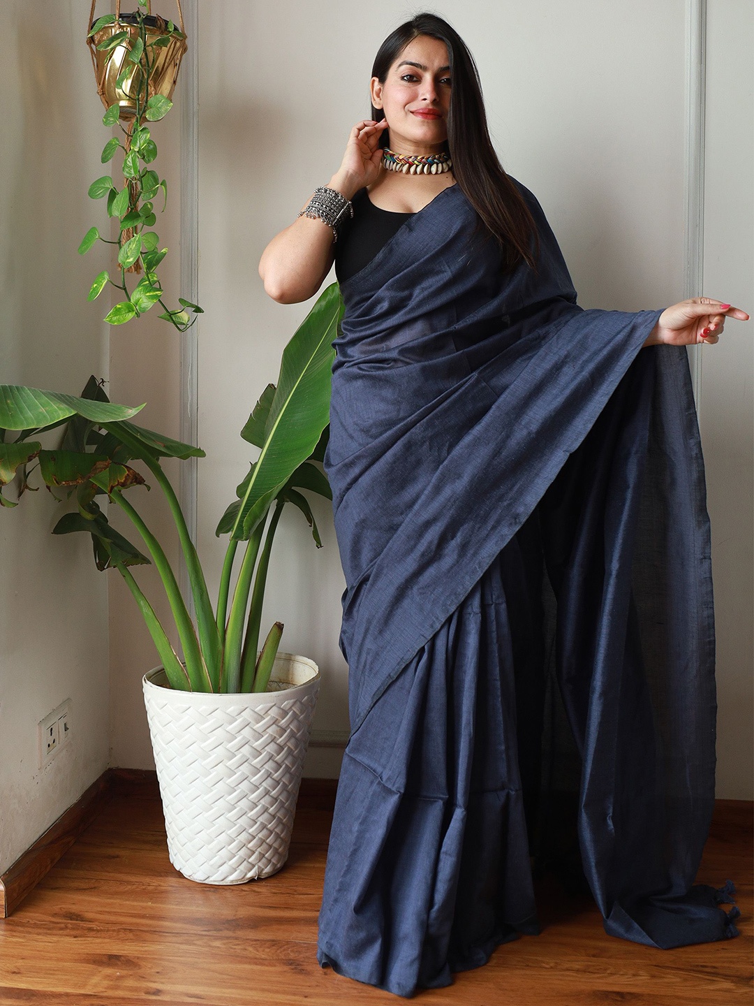 

Anouk Pure Cotton Khadi Saree, Navy blue