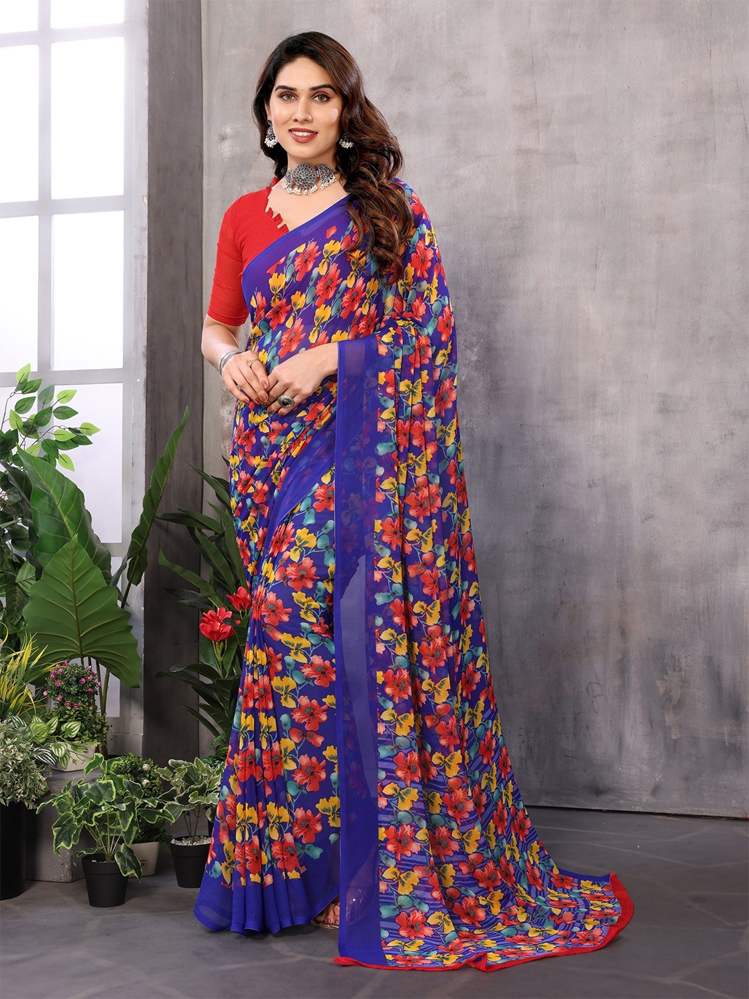 

Ambuja International Floral Printed Pure Georgette Saree, Blue