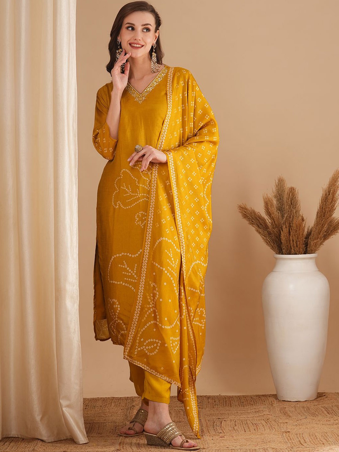 

FASHOR Women Bandhani Printed Regular Gotta Patti Kurta with Trousers & With Dupatta, Mustard