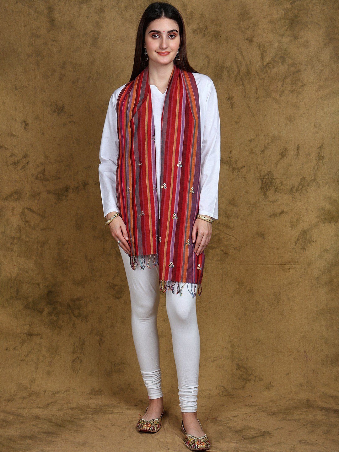 

Exotic India Multicolor Striped Patterns Cotton Scarf with Mirror Work, Red