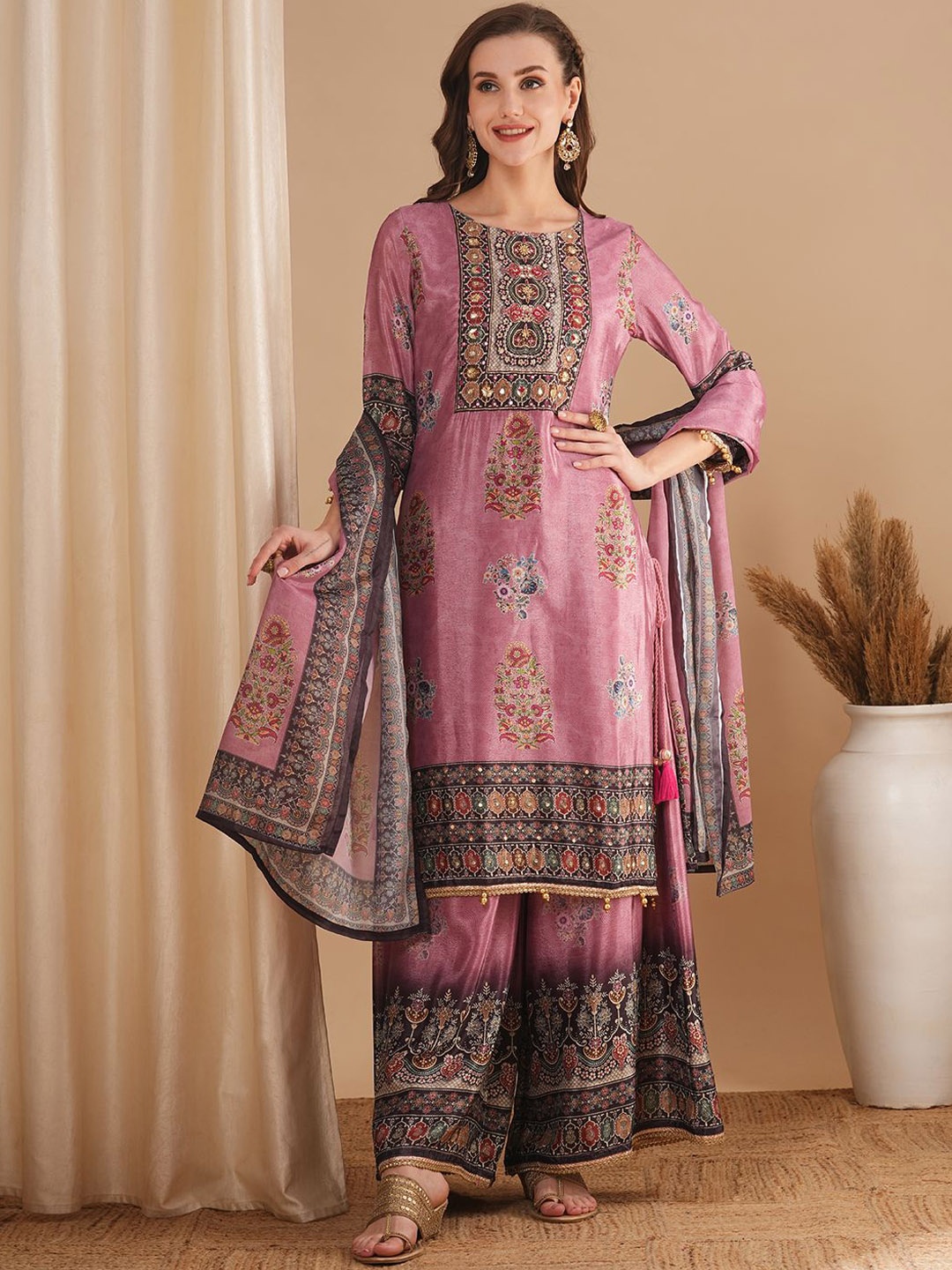 

FASHOR Women Ethnic Motifs Printed Regular Mirror Work Kurta with Palazzos & With Dupatta, Mauve