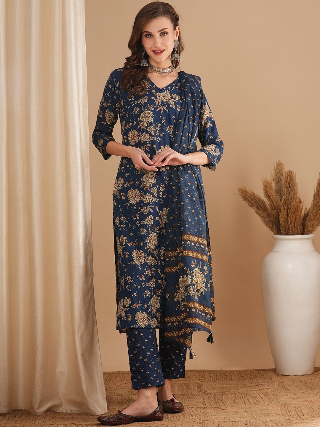 

FASHOR Women Ethnic Motifs Printed Regular Pure Cotton Kurta with Trousers & With Dupatta, Blue