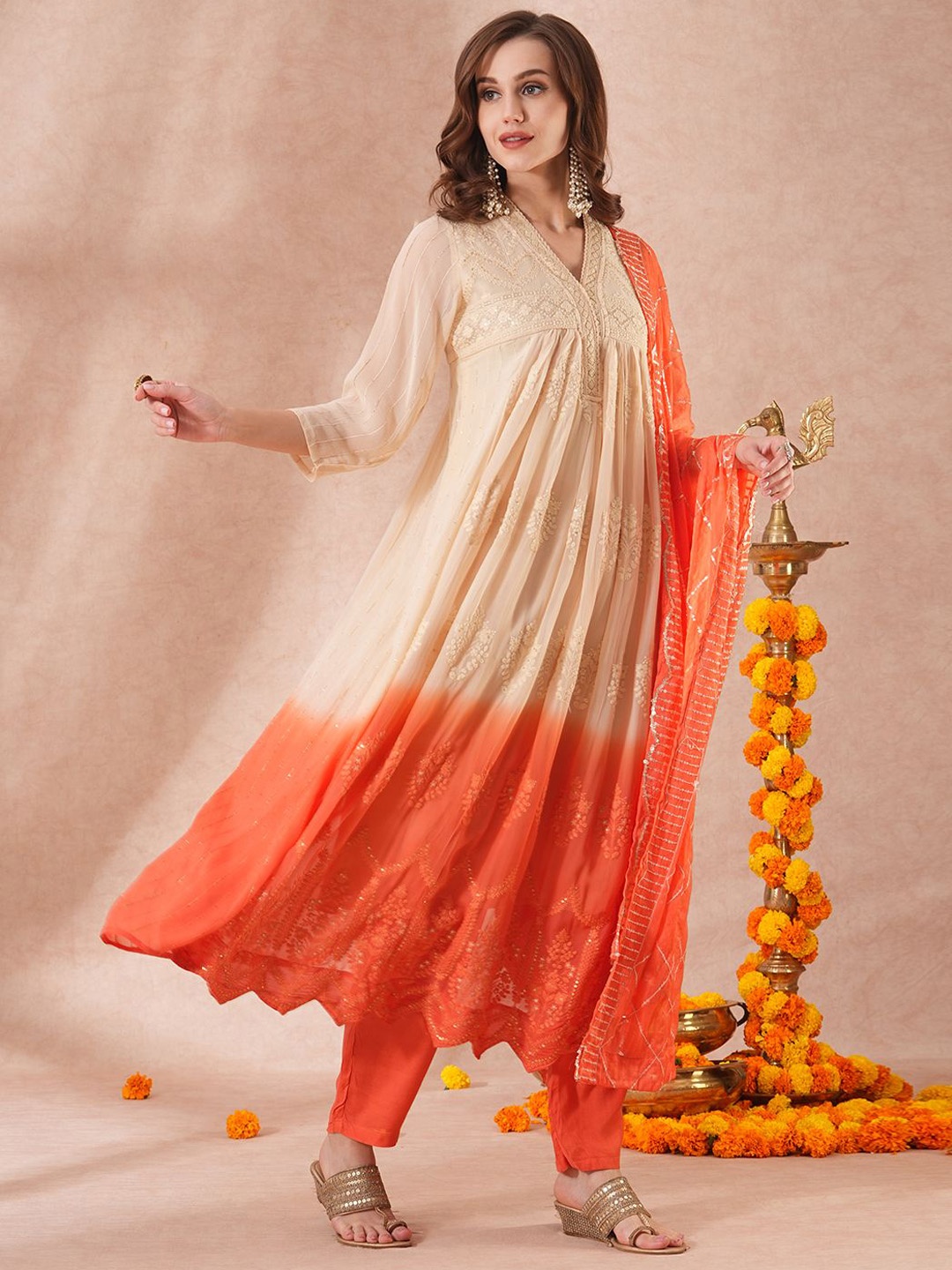 

FASHOR Women Ombre Embroidered Pleated Sequinned Kurta with Trousers & With Dupatta, Beige