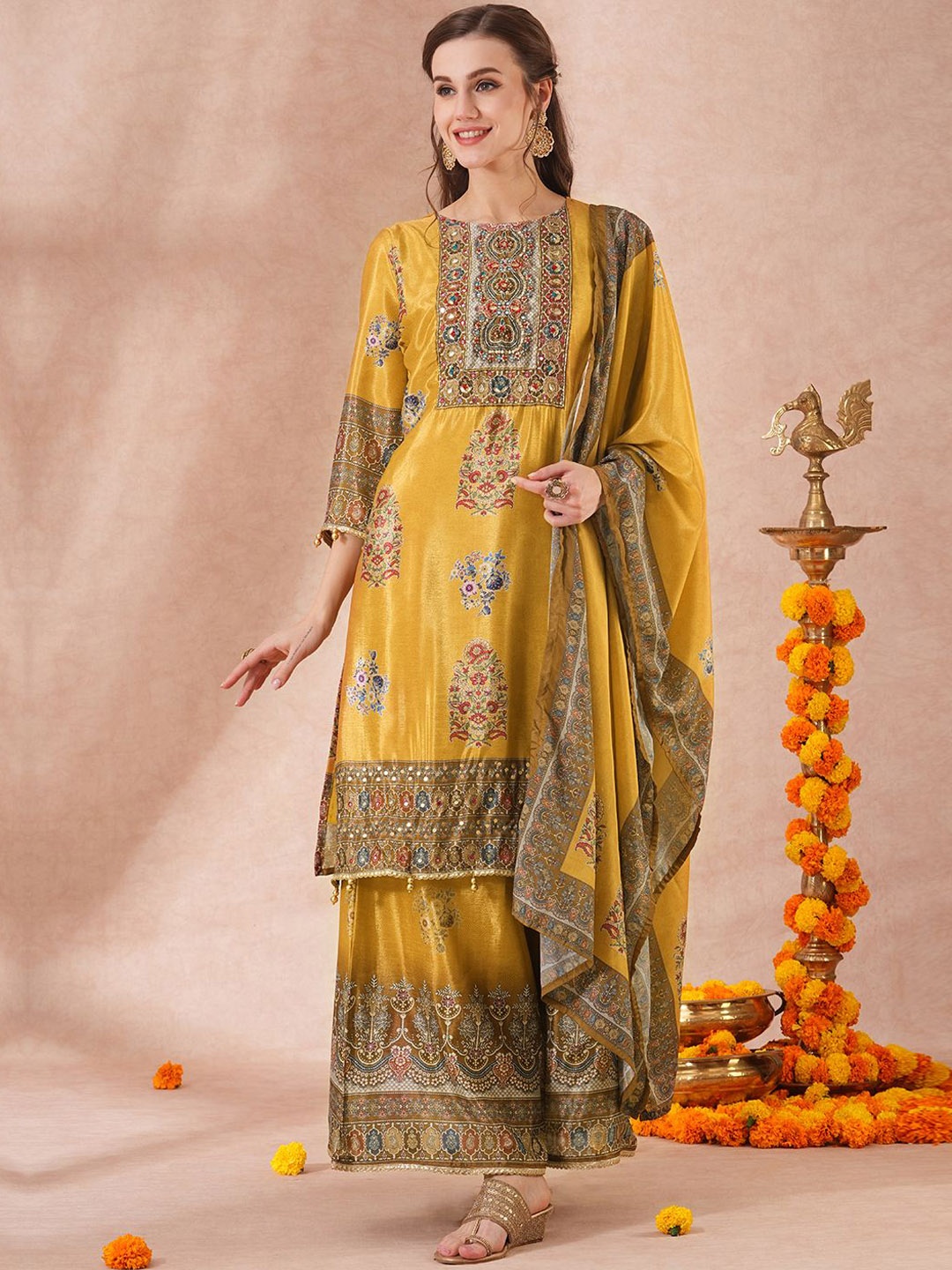 

FASHOR Women Ethnic Motifs Printed Regular Mirror Work Kurta with Palazzos & With Dupatta, Mustard