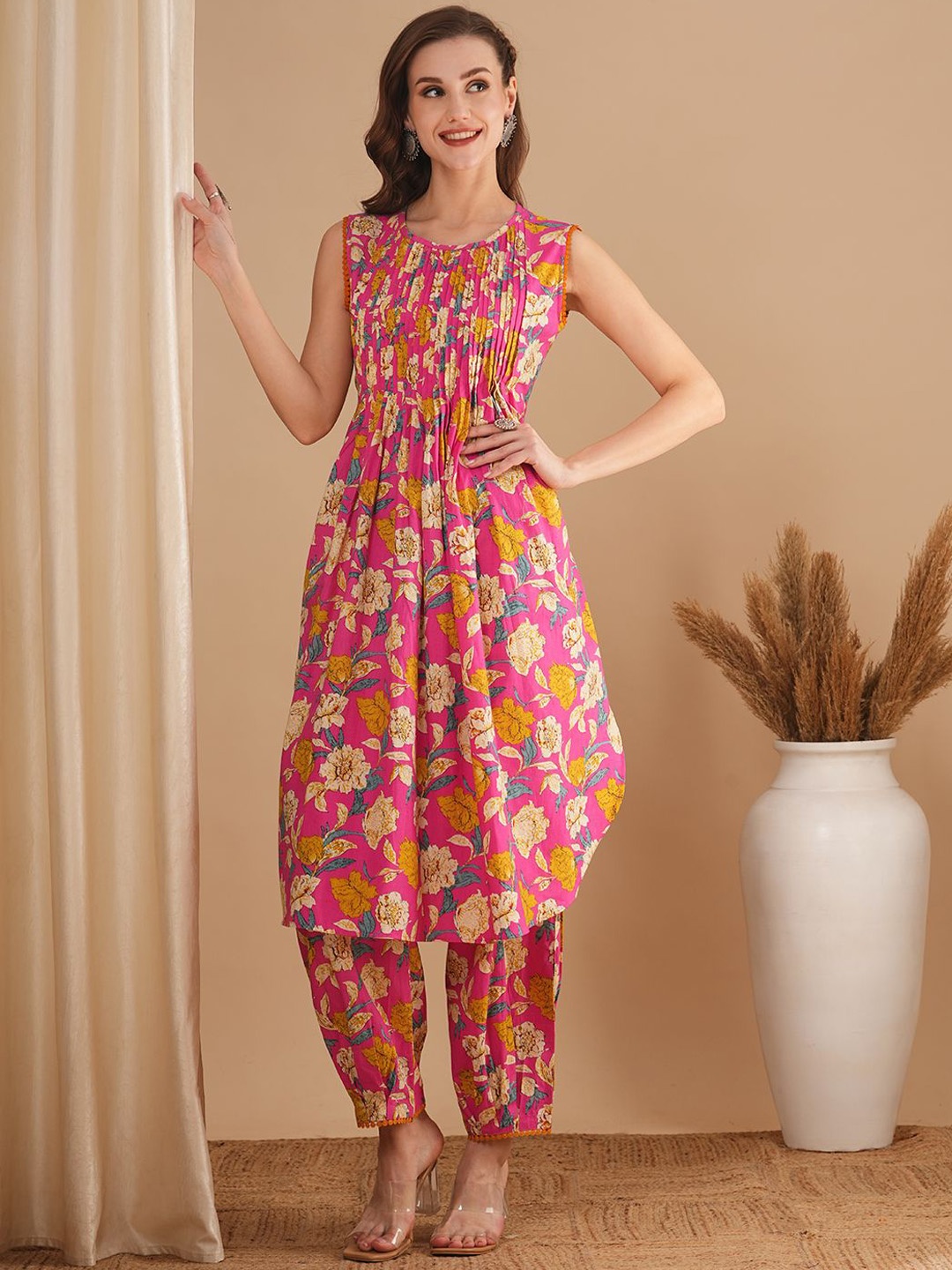 

FASHOR Floral Printed Tunic & Trousers Co-Ords Set, Pink
