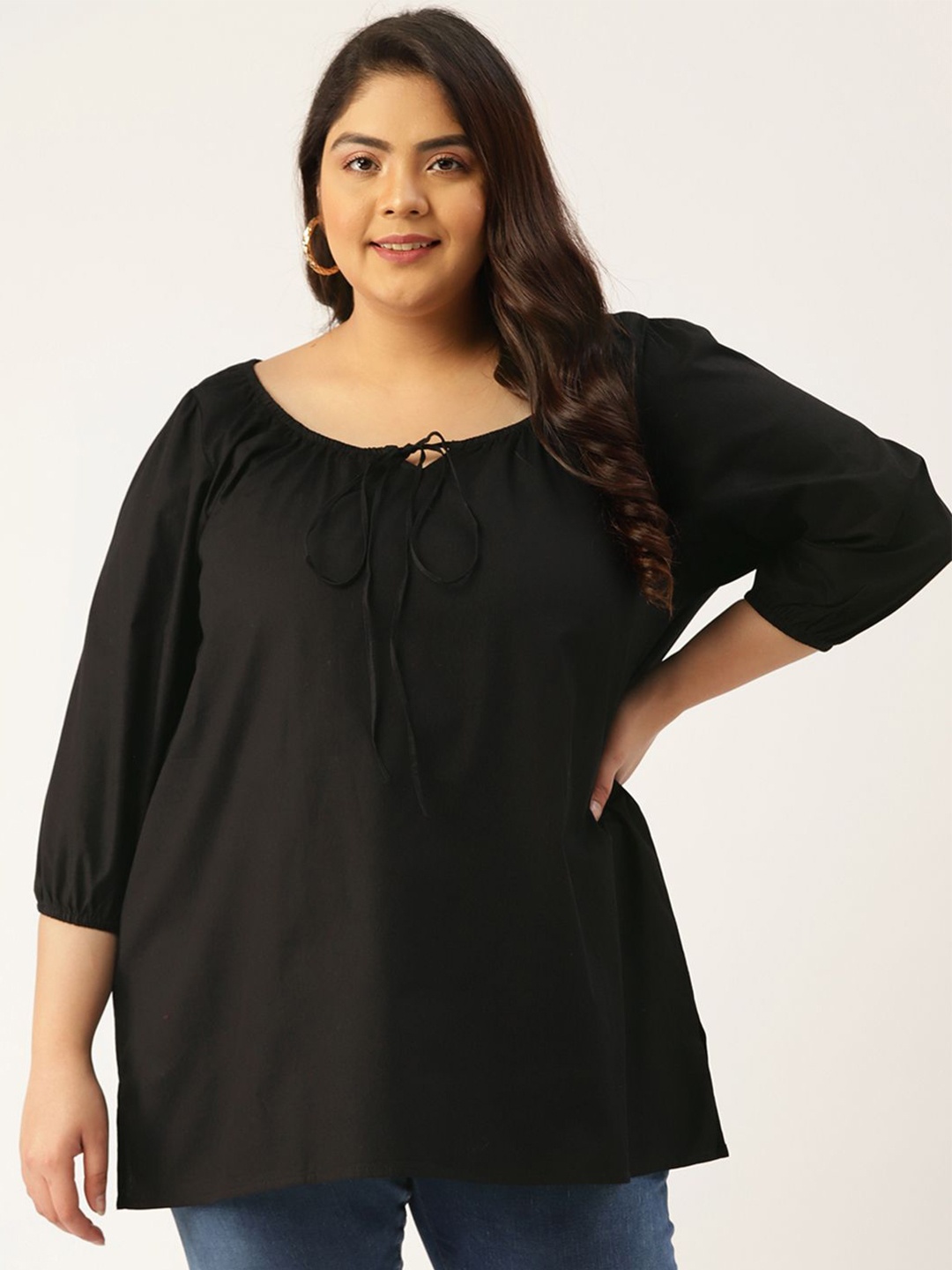 

theRebelinme Women Round Neck Cotton Plus Size Longline Top, Black
