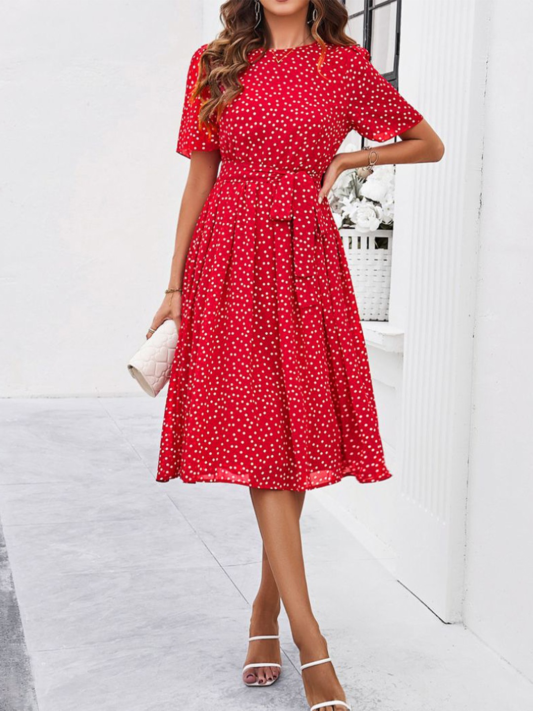 

StyleCast Women Polka Dot Printed Fit and Flare Dress, Red