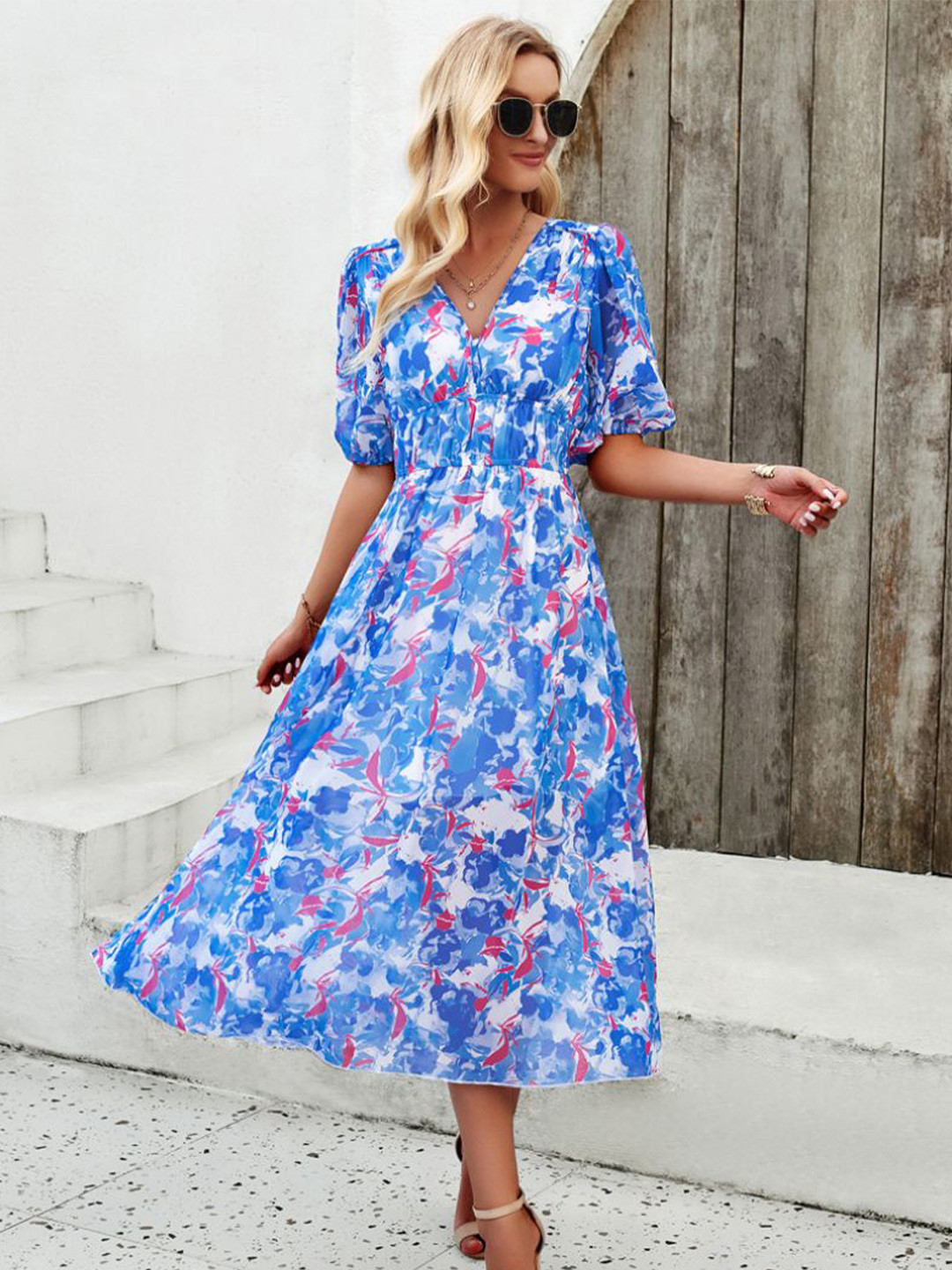 

StyleCast Floral Printed Chiffon Fit and Flare Midi Dress, Blue