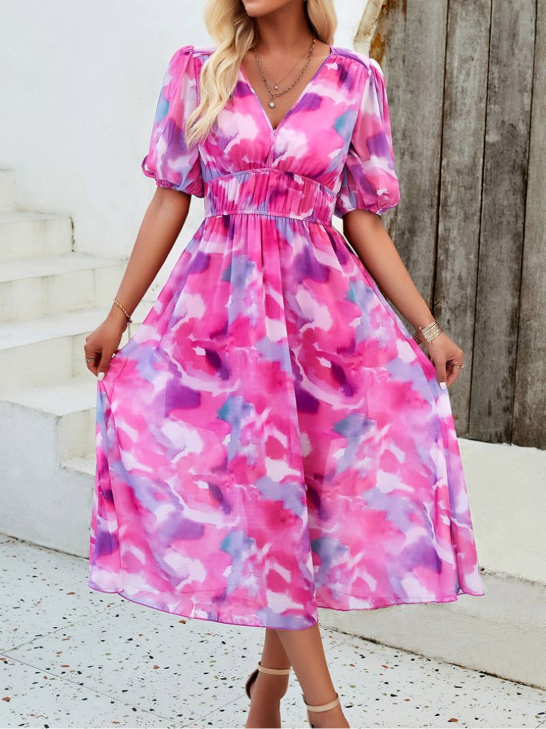 

StyleCast Women Abstract Printed V-Neck Fit and Flare Midi Dress, Pink