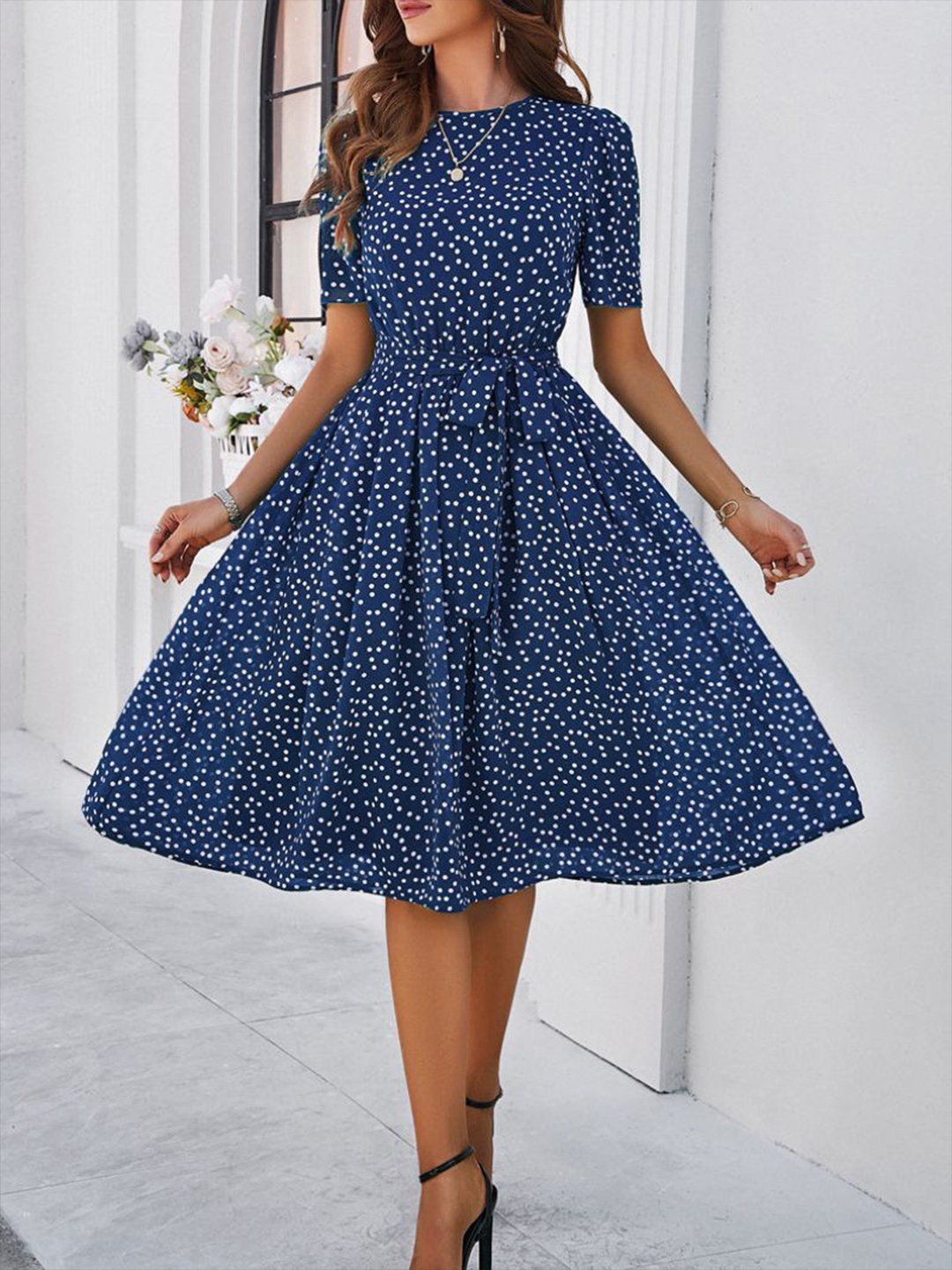 

StyleCast Women Polka Dot Printed Belted A-Line Blue Dress