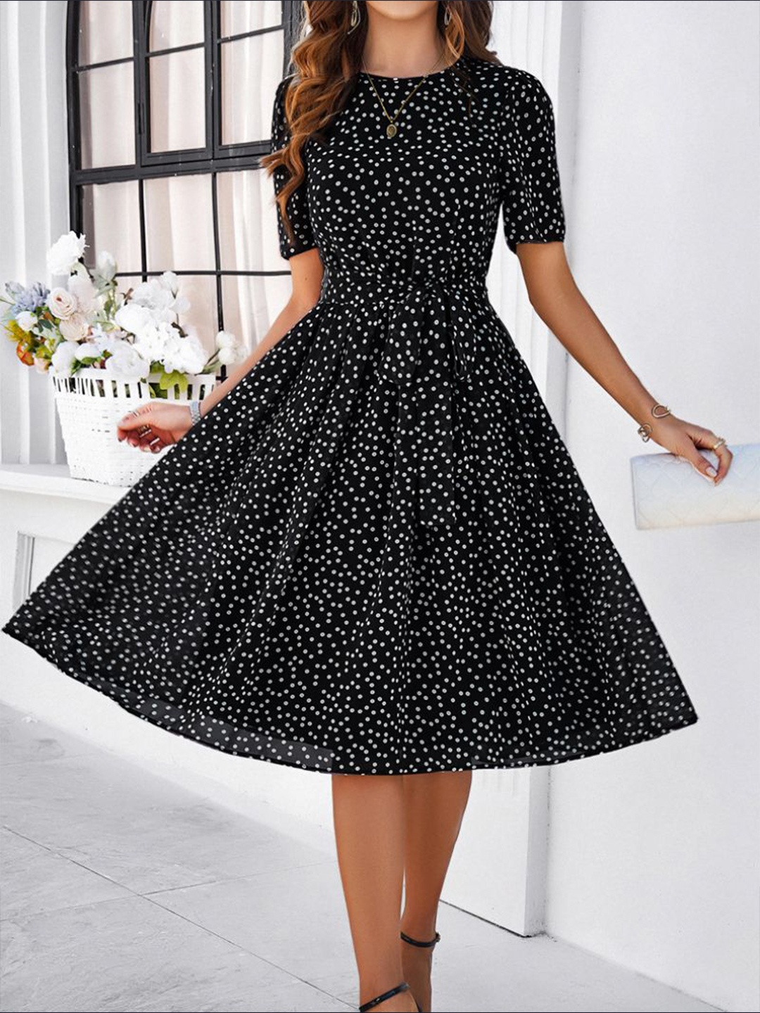 

StyleCast Women Polka Dot Printed Fit and Flare Dress, Black