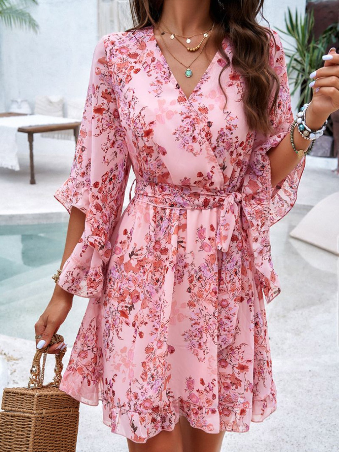 

StyleCast Women Floral Printed Flared Sleeves Wrap Dress, Peach