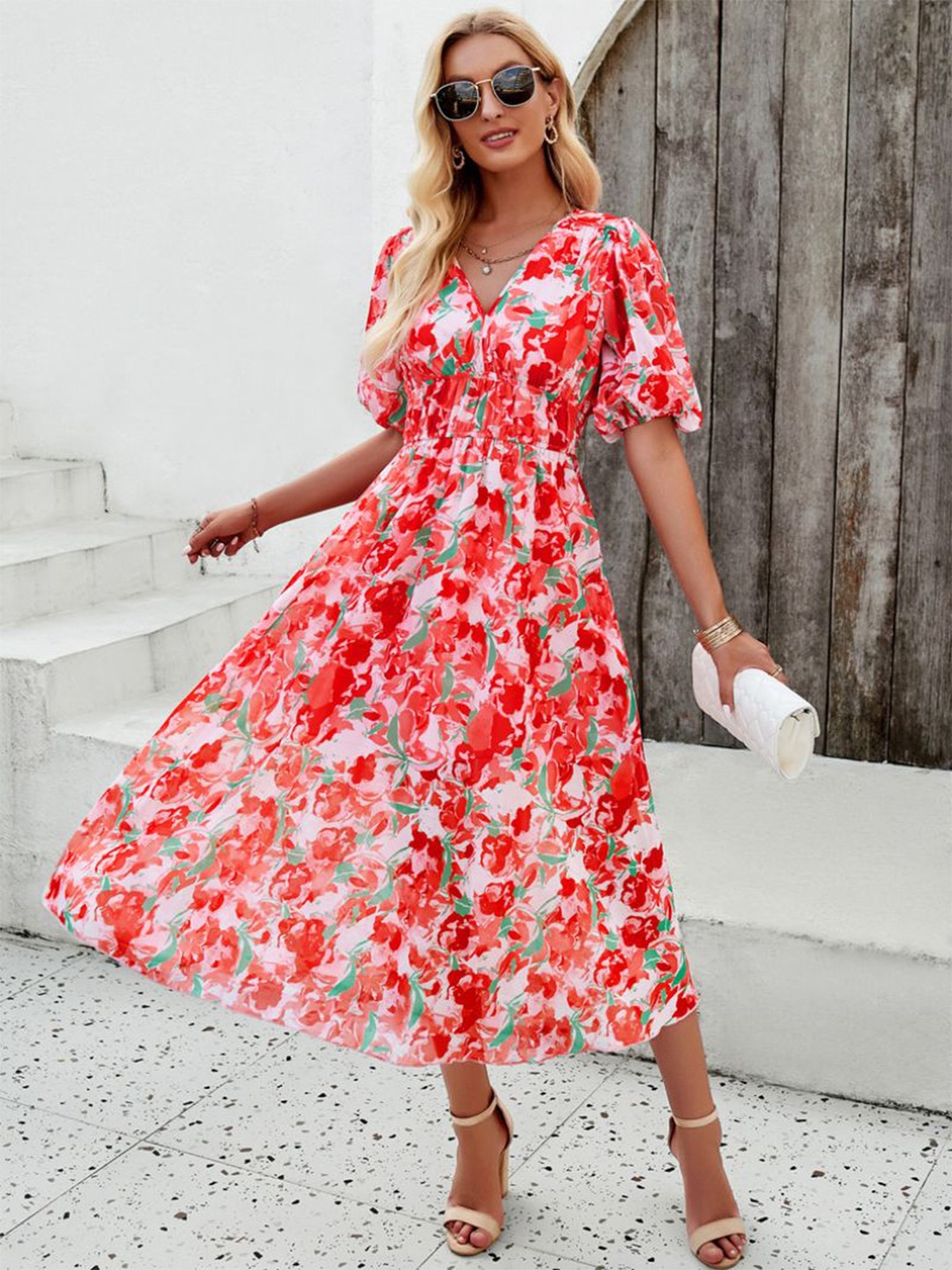 

StyleCast Women Floral Printed Fit and Flare Midi Dress, Orange