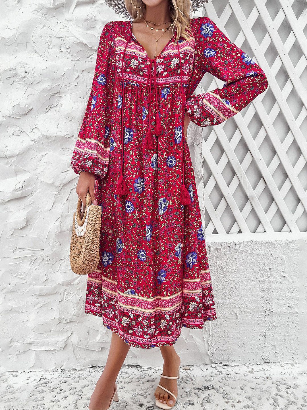 

StyleCast Women Floral Printed A-Line Midi Dress, Red