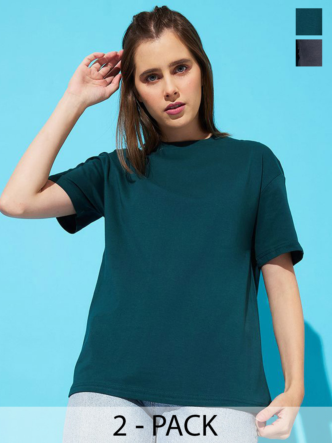 

The Roadster Lifestyle Co. Women Pack Of 2 Solid Round Neck Cotton Oversized T-shirts, Charcoal