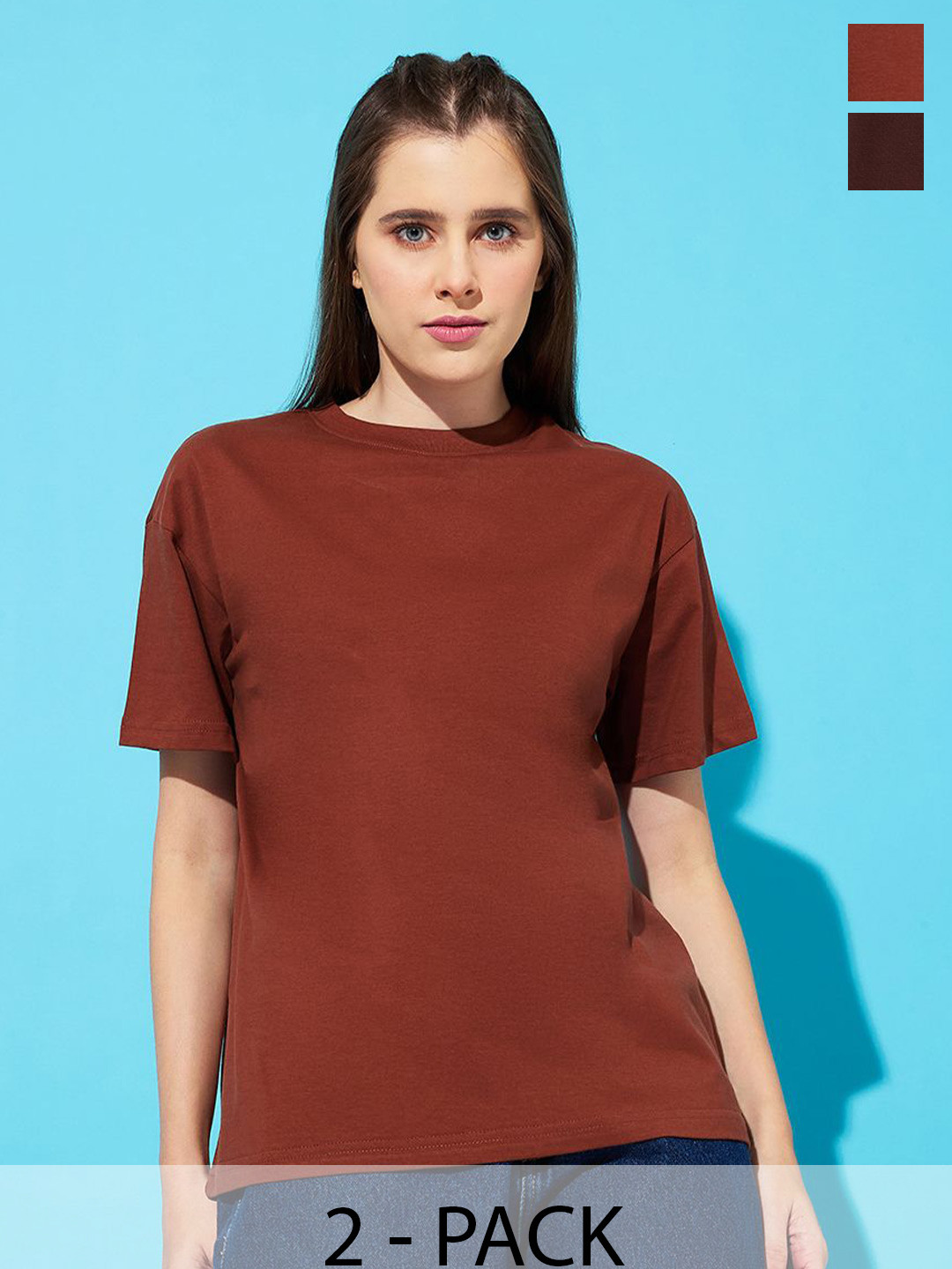 

The Roadster Lifestyle Co. Women Pack Of 2 Solid Round Neck Cotton Oversized T-shirts, Coffee brown