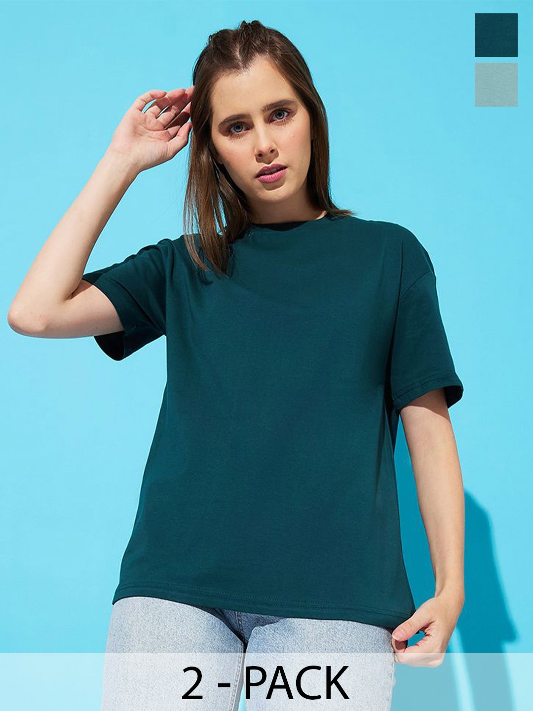

The Roadster Lifestyle Co. Women Pack Of 2 Solid Round Neck Cotton Oversized T-shirts, Teal