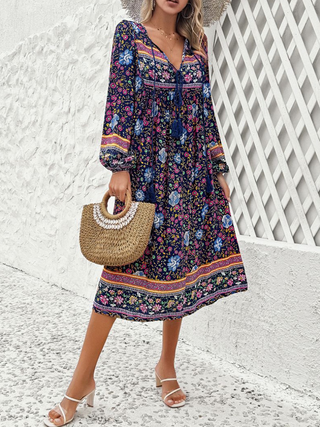 

StyleCast Floral Printed V-Neck Bishop Sleeves A-Line Midi Dress, Blue