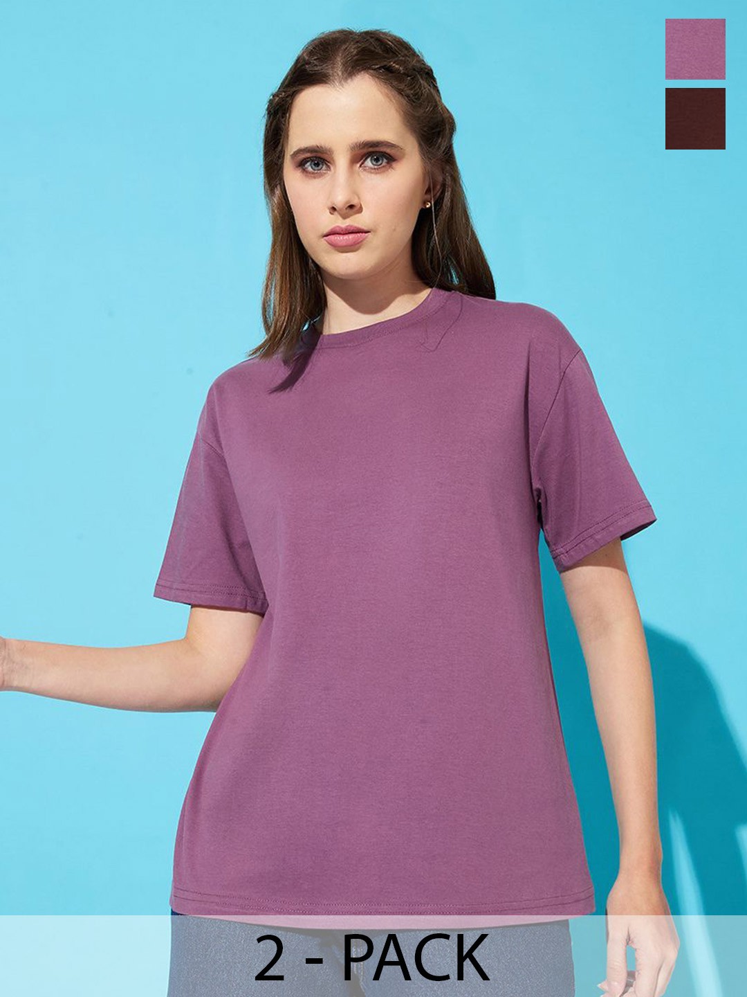 

The Roadster Lifestyle Co. Women Pack Of 2 Solid Round Neck Cotton Oversized T-shirts, Brown