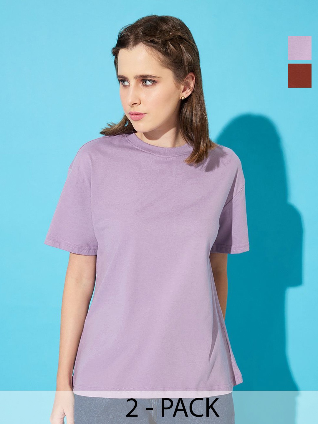 

The Roadster Lifestyle Co. Women Pack Of 2 Solid Round Neck Cotton Oversized T-shirts, Lavender