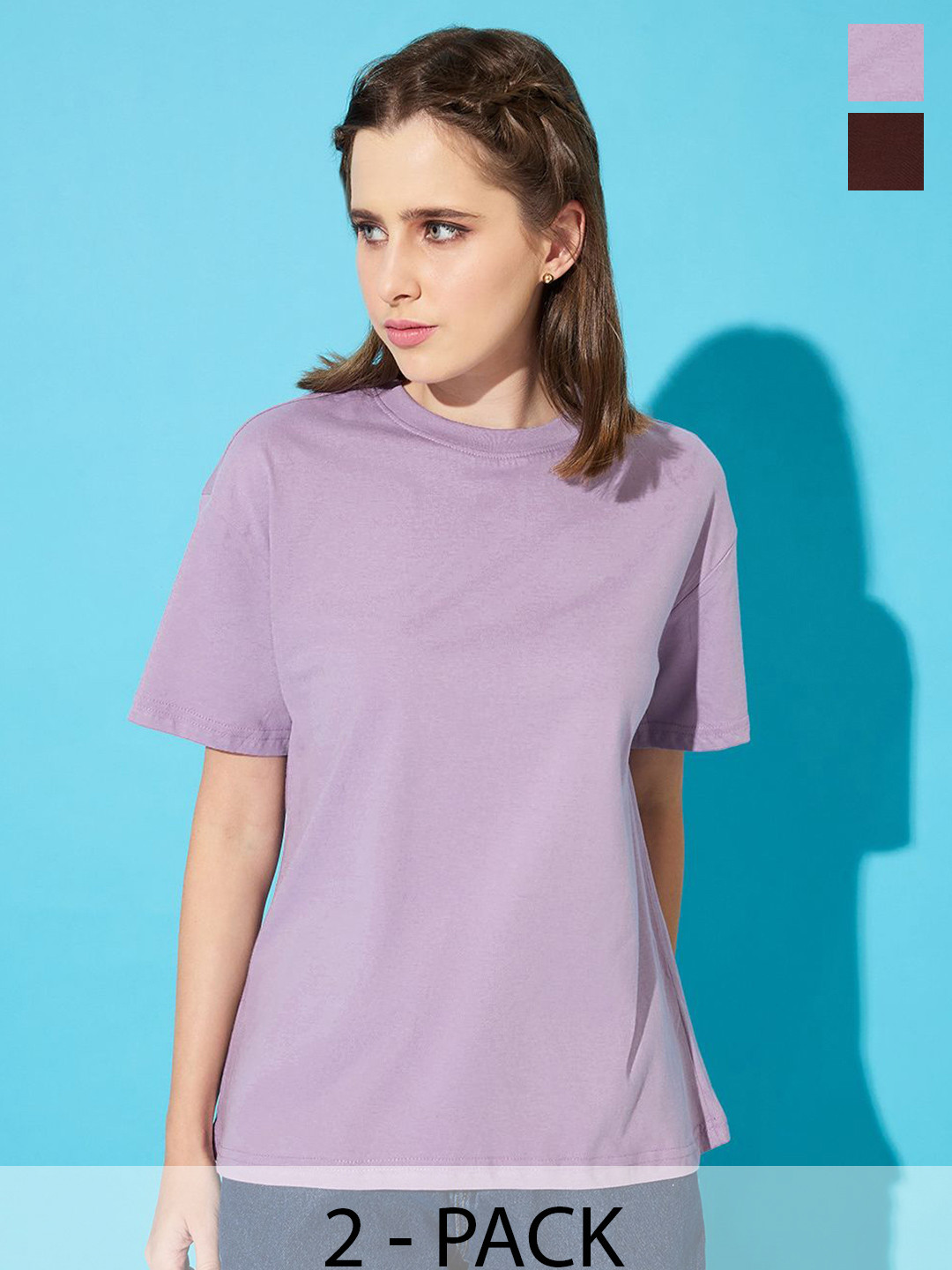 

The Roadster Lifestyle Co. Women Pack Of 2 Solid Round Neck Cotton Oversized T-shirts, Brown