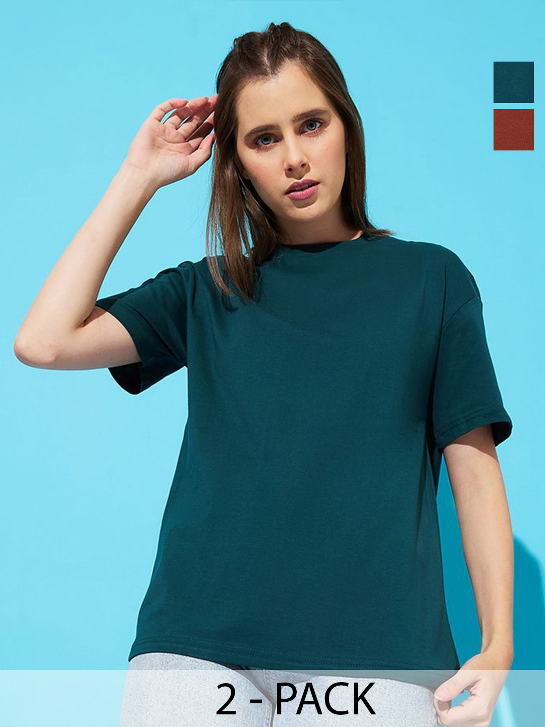 

The Roadster Lifestyle Co. Women Pack Of 2 Solid Round Neck Cotton Oversized T-shirts, Teal