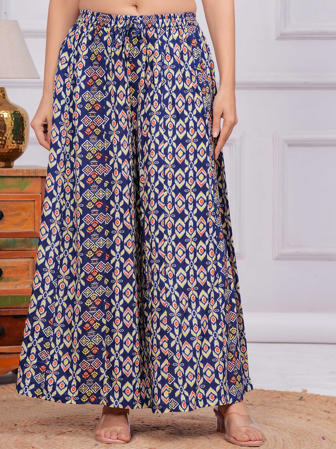 

Meeranshi Women Printed Flared Ethnic Palazzo, Navy blue