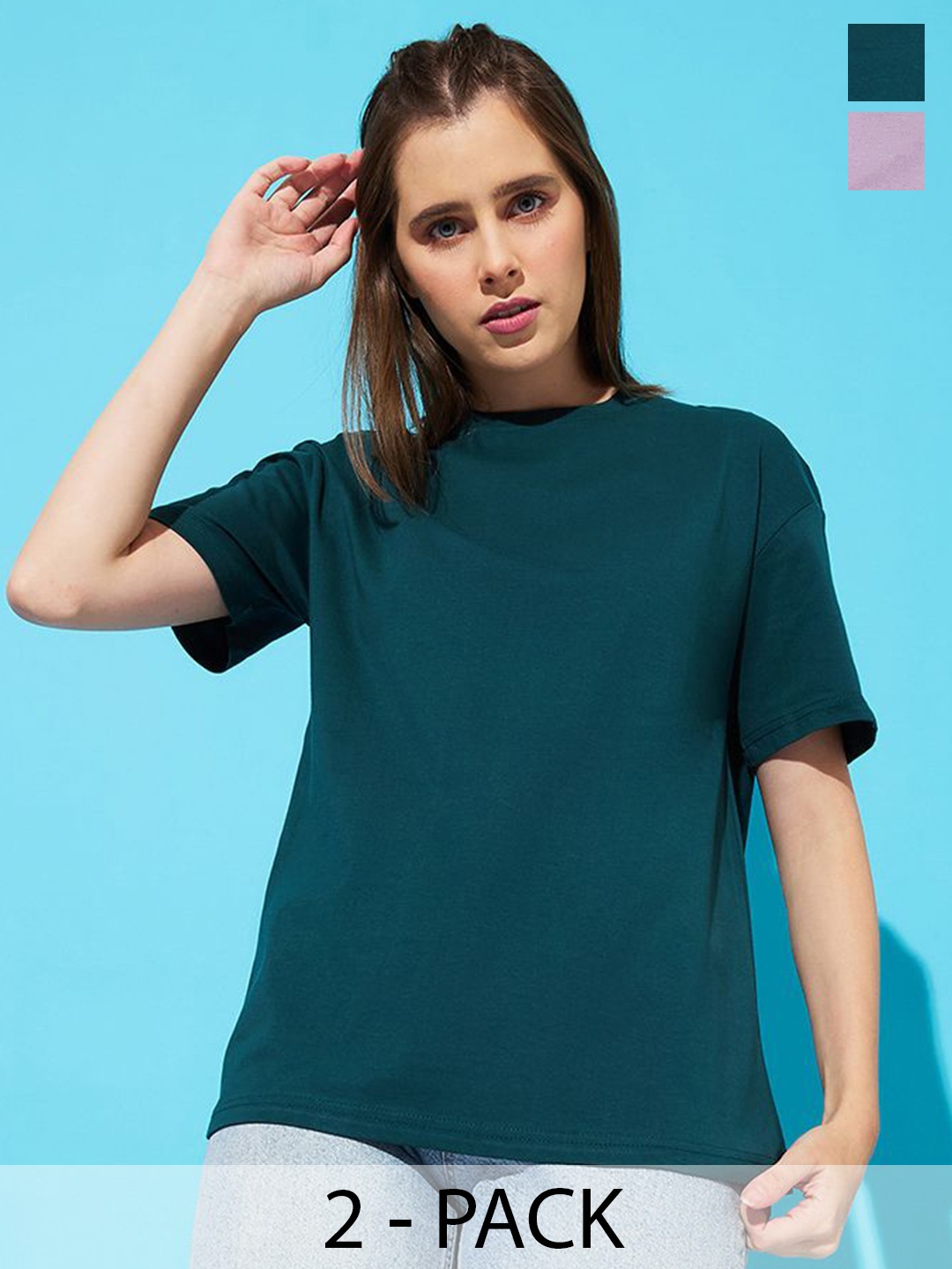 

The Roadster Lifestyle Co. Women Pack Of 2 Solid Round Neck Cotton Oversized T-shirts, Teal