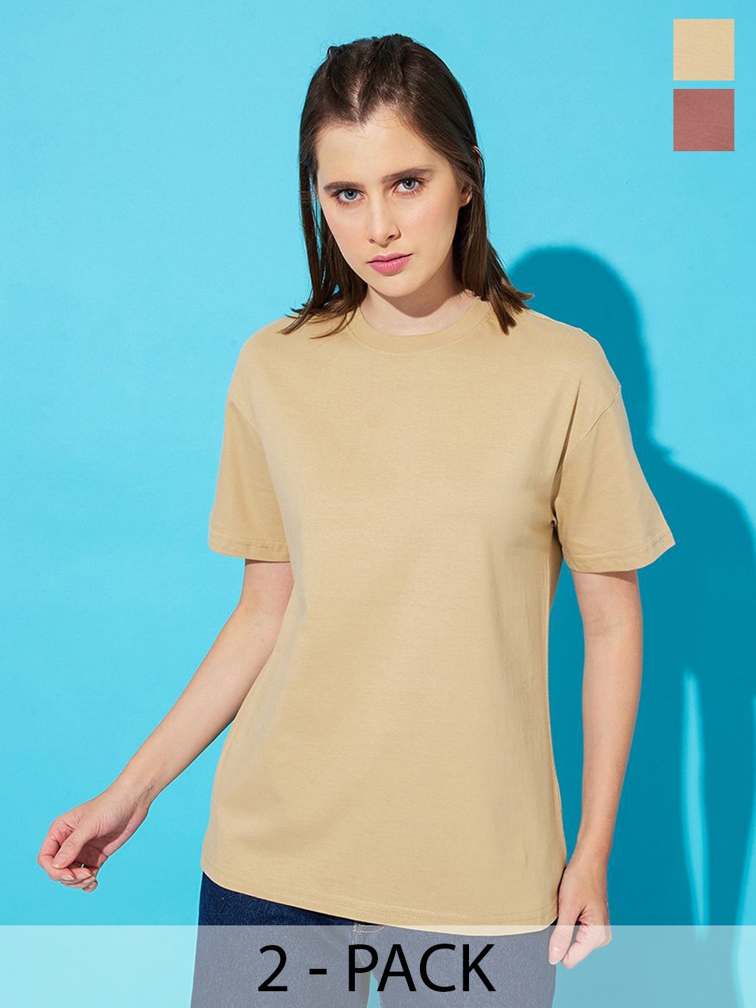 

The Roadster Lifestyle Co. Women Pack Of 2 Solid Round Neck Cotton Oversized T-shirts, Beige