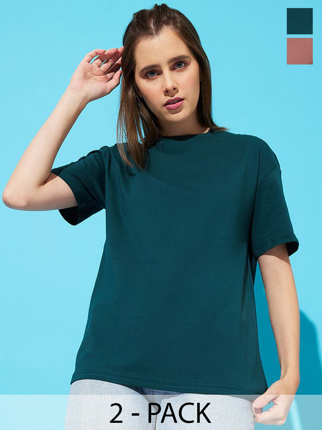 

The Roadster Lifestyle Co. Women Pack Of 2 Solid Round Neck Cotton Oversized T-shirts, Teal