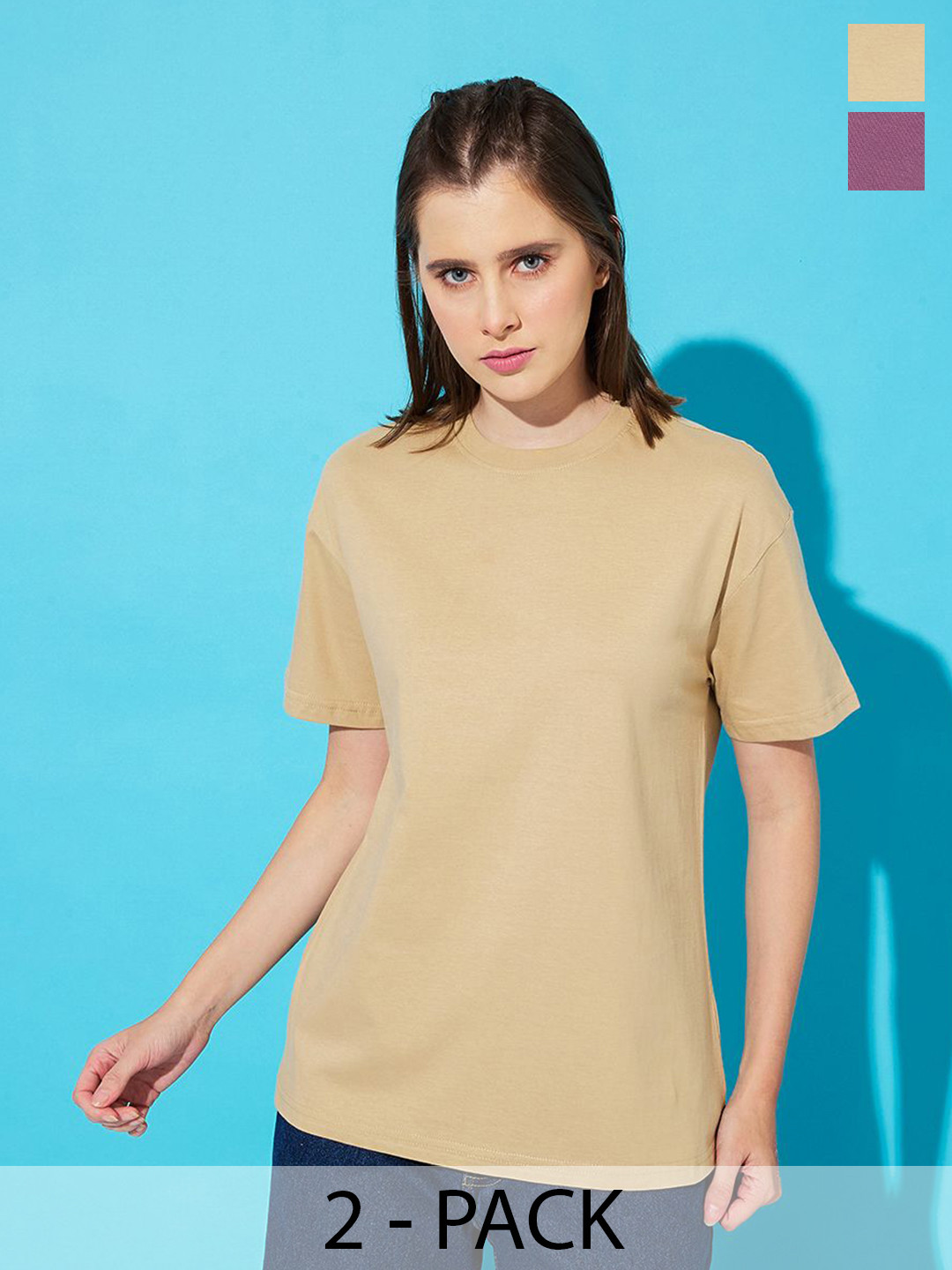 

The Roadster Lifestyle Co Pack Of 2 Cotton Oversized-Fit Round Neck T-shirt, Purple