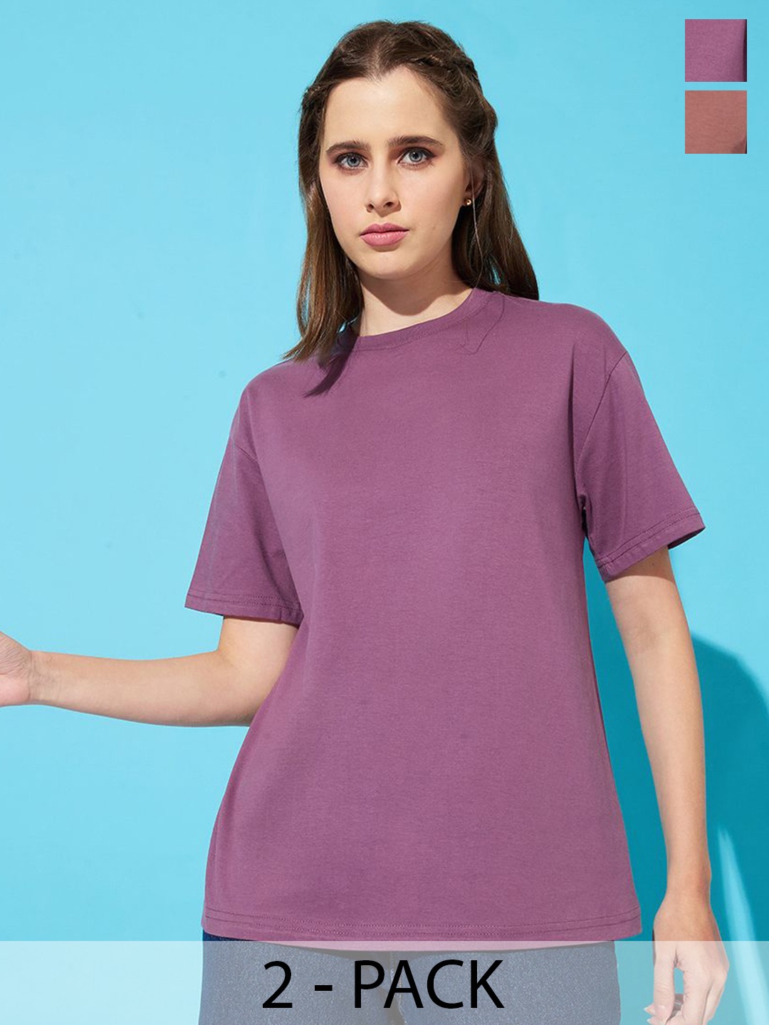 

The Roadster Lifestyle Co. Women Pack Of 2 Solid Round Neck Cotton Oversized T-shirts, Purple