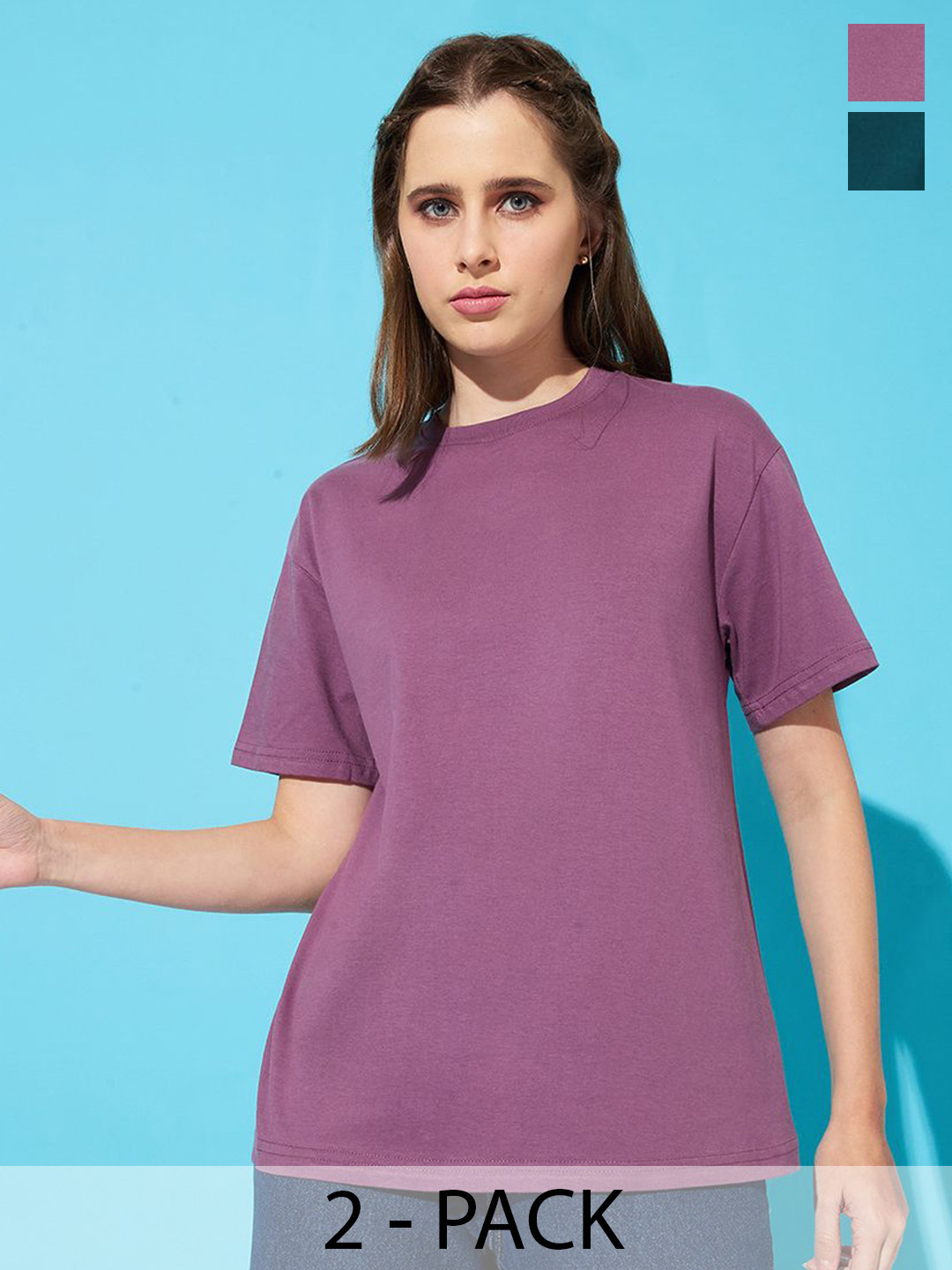 

The Roadster Lifestyle Co. Women Pack Of 2 Solid Round Neck Cotton Oversized T-shirts, Purple
