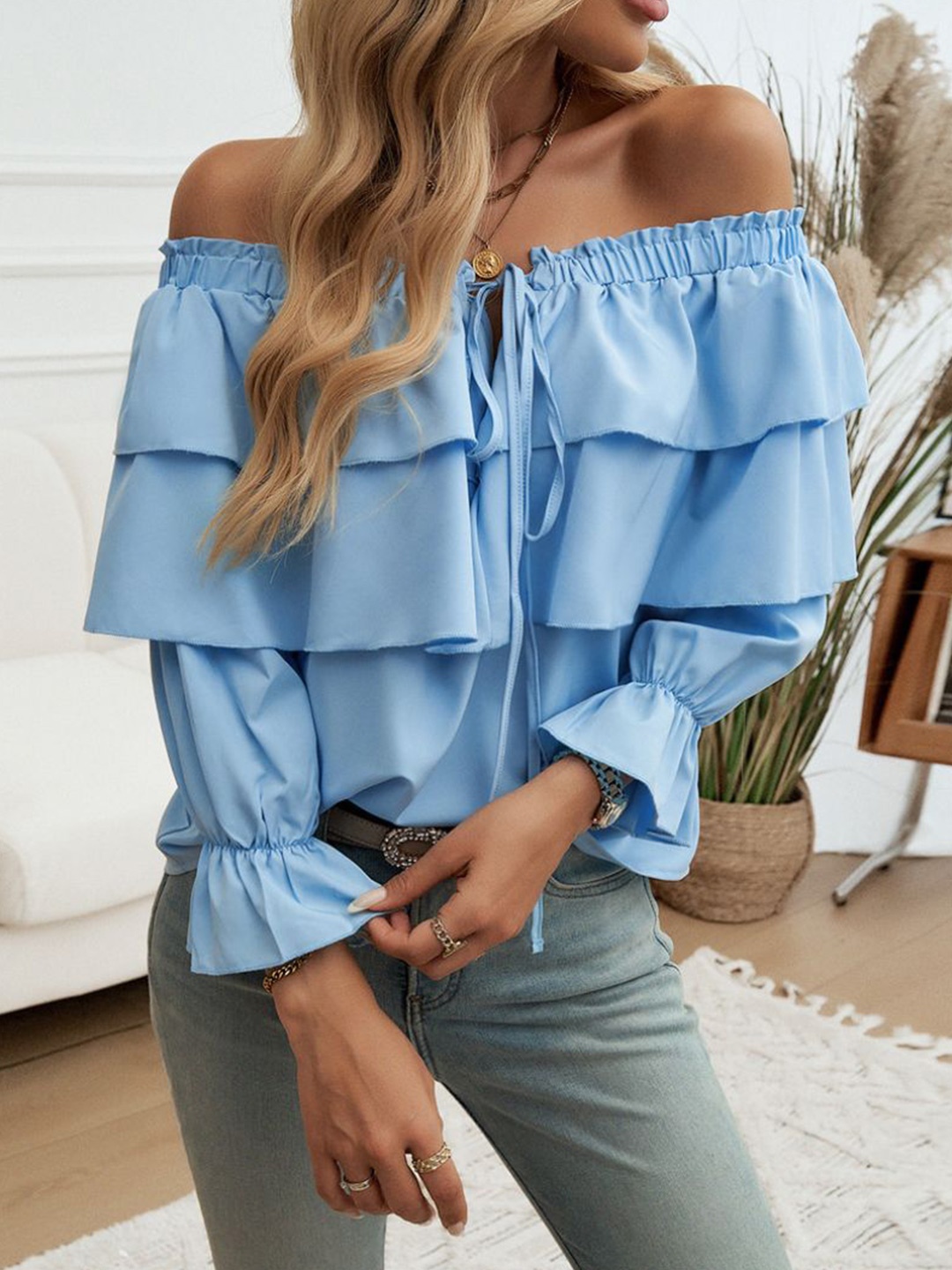 

StyleCast Women Ruffles Tie-Ups Bardot Top, Blue