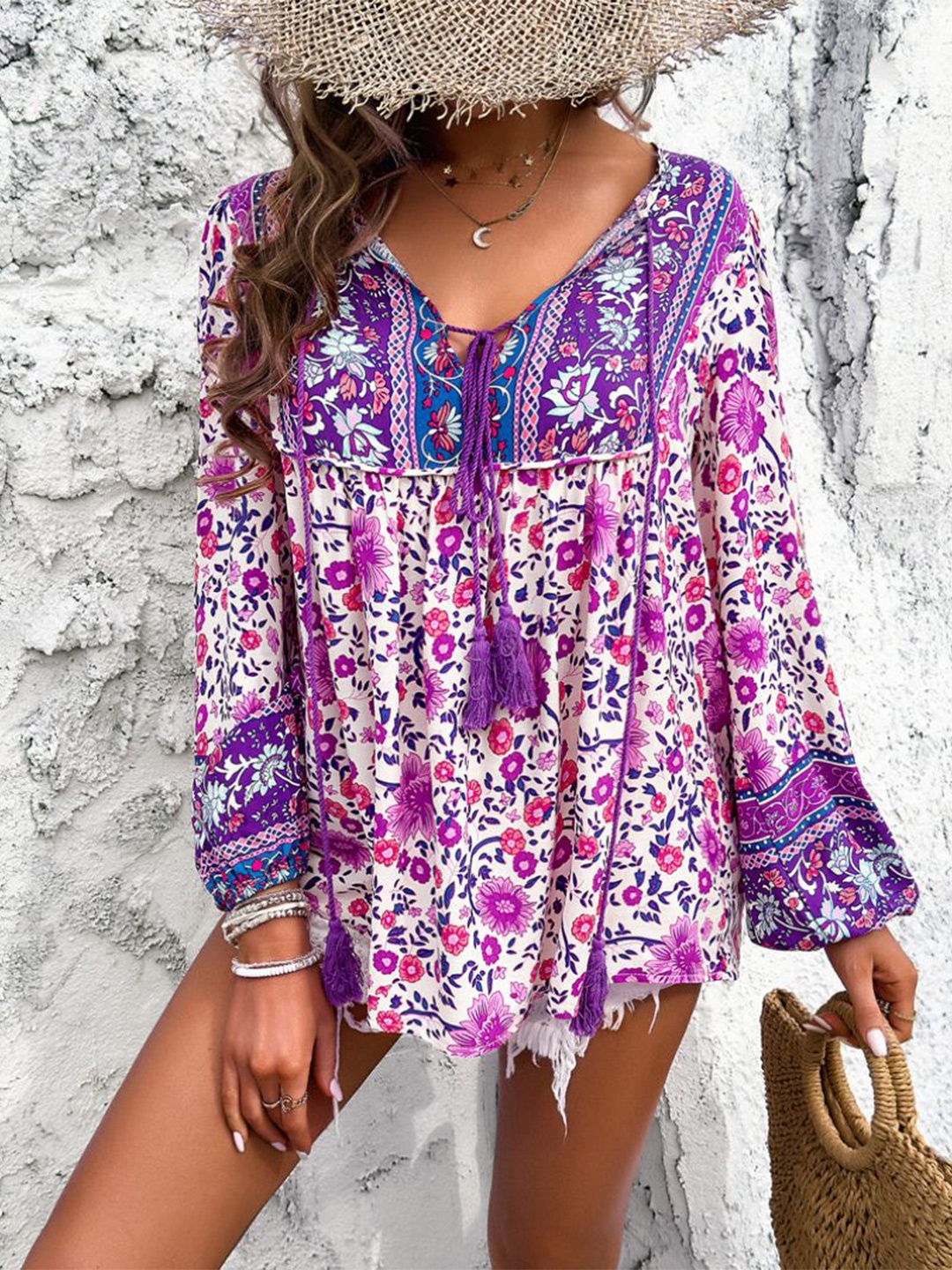 

StyleCast Floral Printed Tie Up Neck Top, Purple