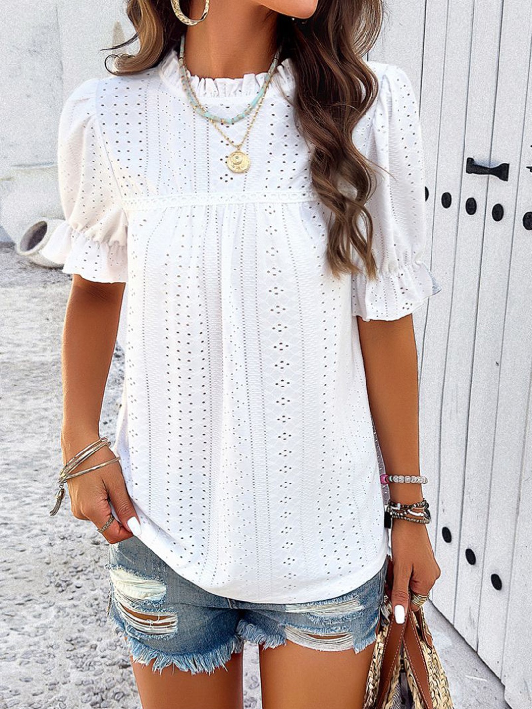 

StyleCast Self Design Round Neck Top, White