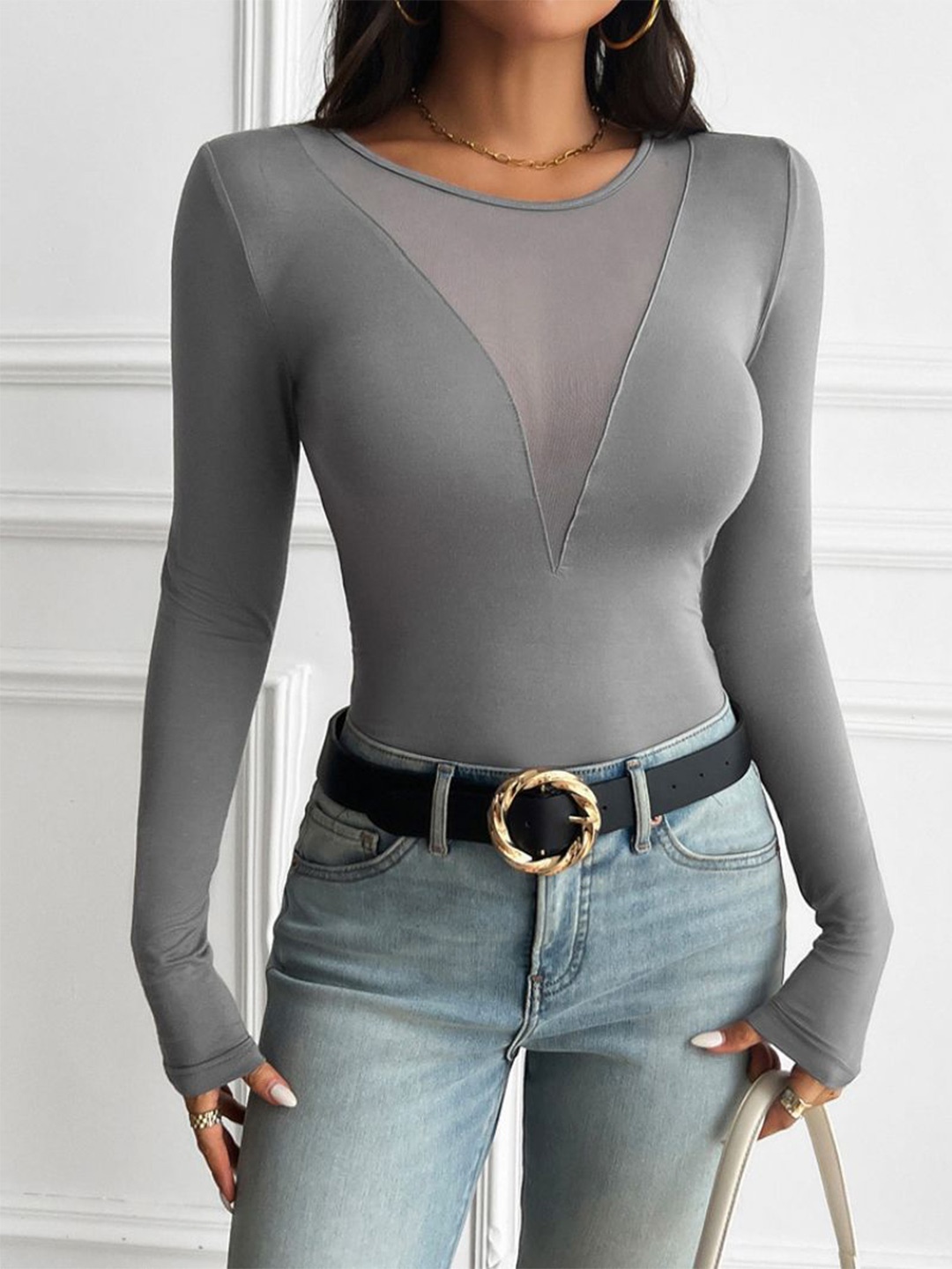 

StyleCast Women Round Neck Fitted Top, Grey