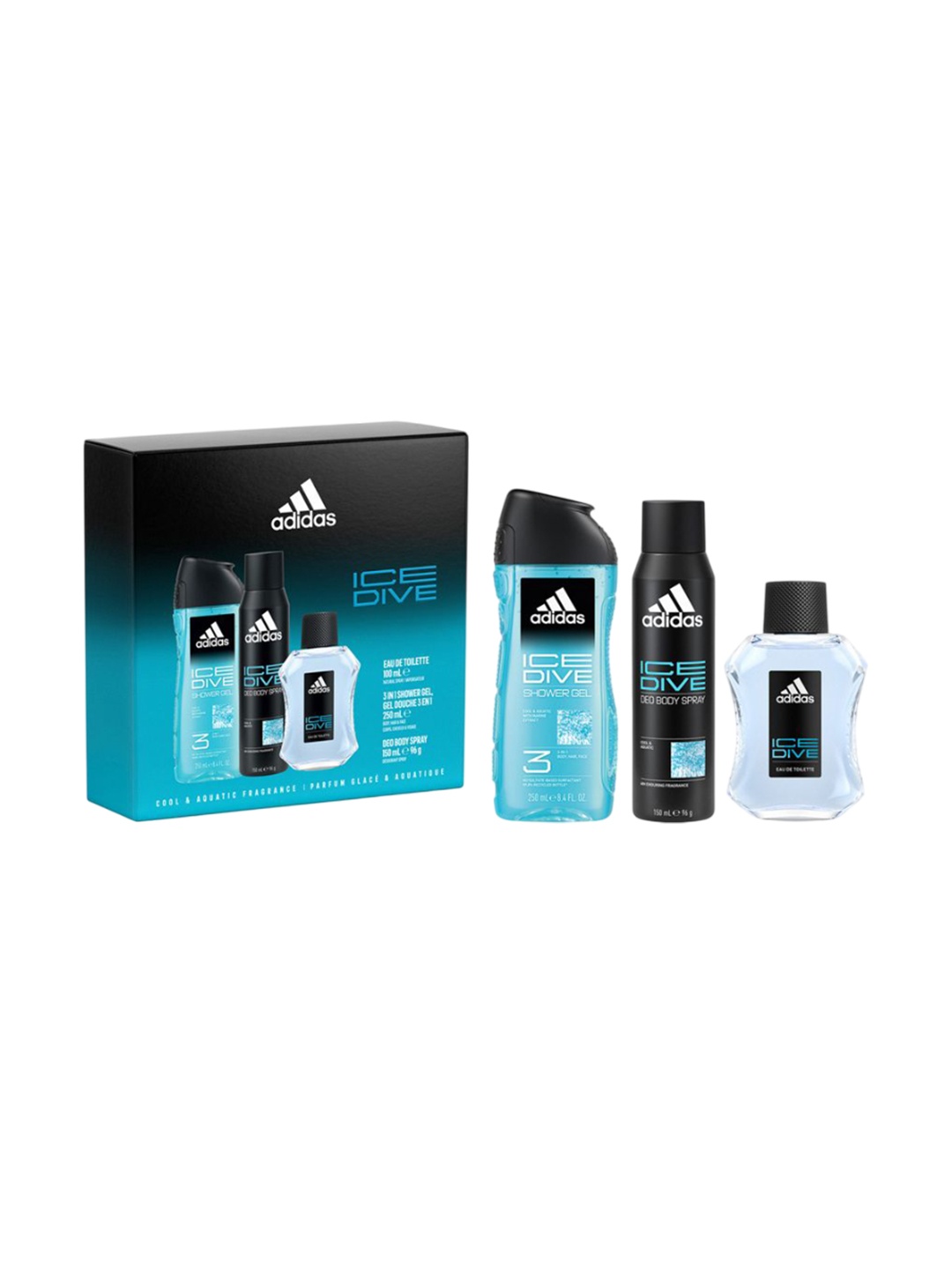 

ADIDAS Ice Dive Gift Set Eau De Toilette 100ml & Deo Body Spray 150ml & Shower Gel 250ml, Transparent