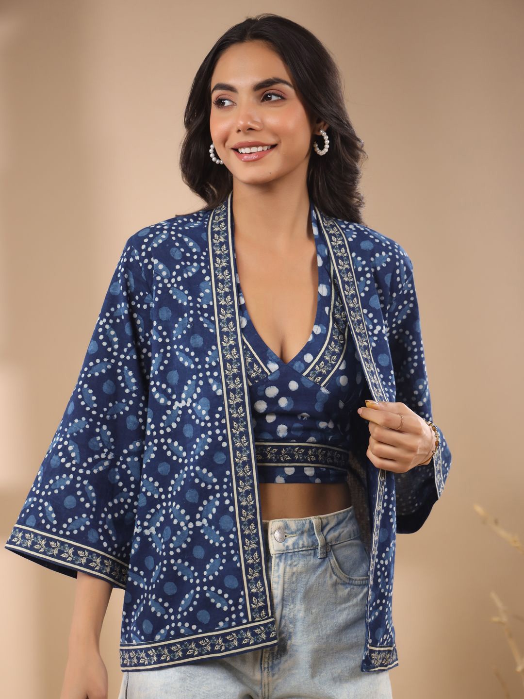 

Jaipur Morni Women Cotton Printed Top and Kimono Set, Blue