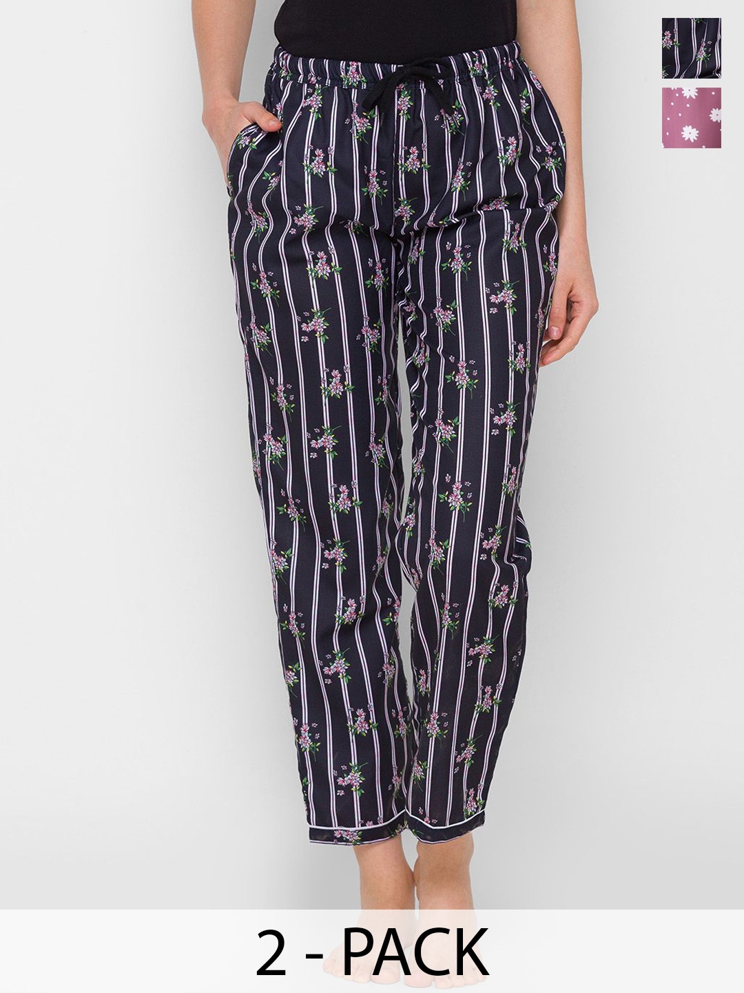 

NOIRA Women Pack Of 2 Printed Mid-Rise Lounge Pants, Navy blue