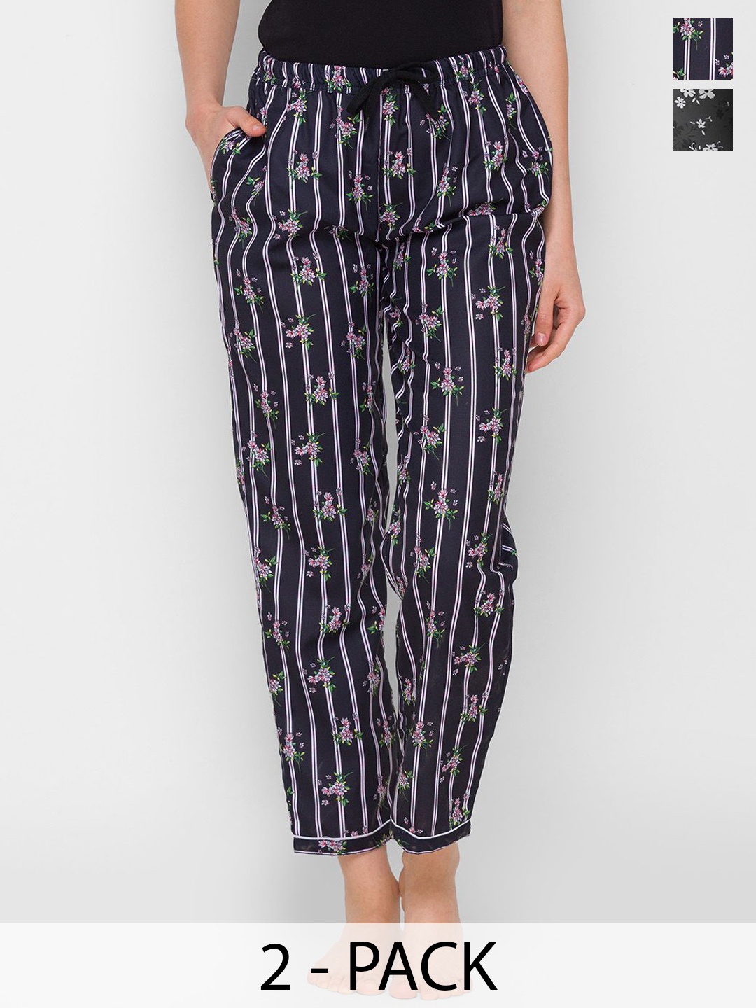 

NOIRA Women Pack Of 2 Printed Mid-Rise Lounge Pants, Navy blue