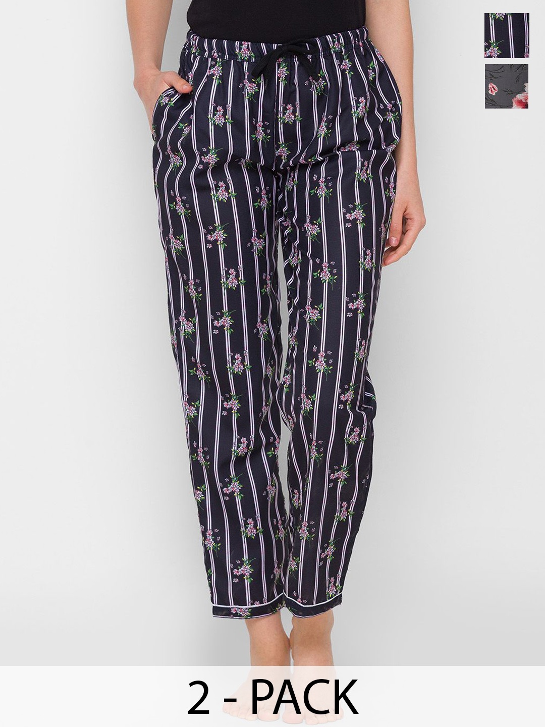 

NOIRA Women Pack Of 2 Printed Mid-Rise Lounge Pants, Blue
