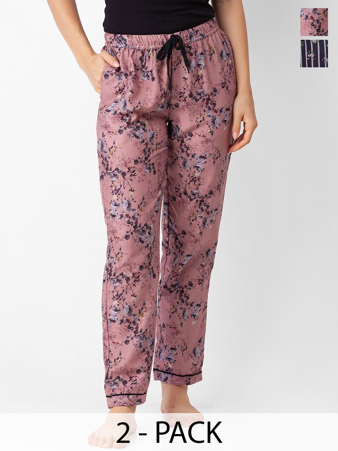 

NOIRA Women Pack Of 2 Printed Mid-Rise Straight Leg Lounge Pant, Pink