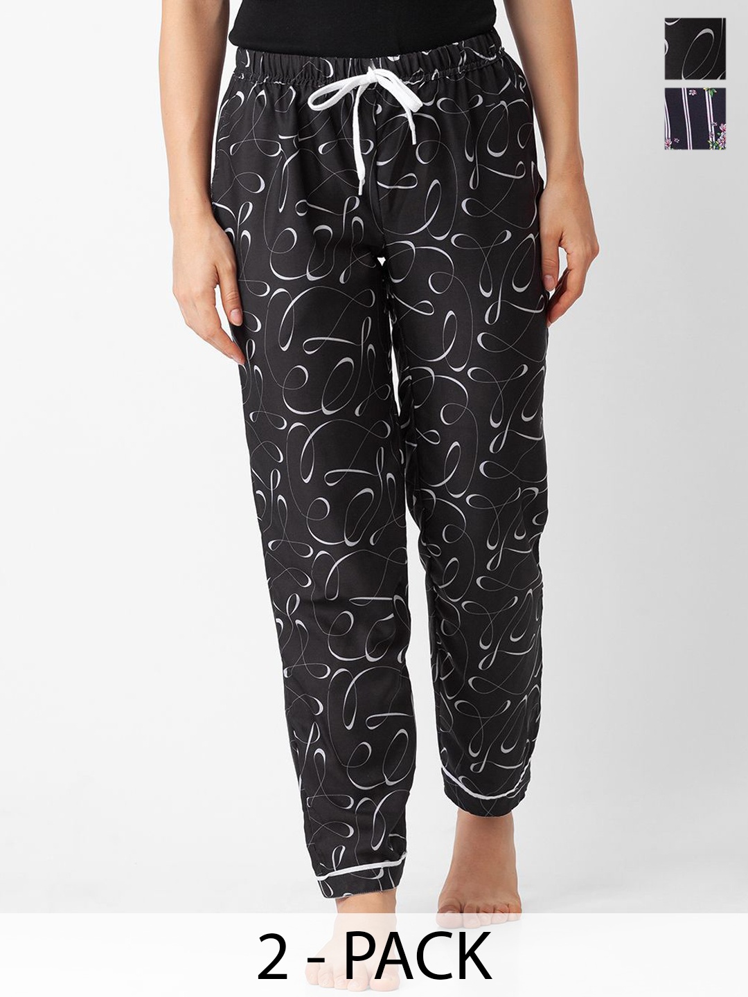 

NOIRA Women Pack Of 2 Printed Mid-Rise Lounge Pants, Black