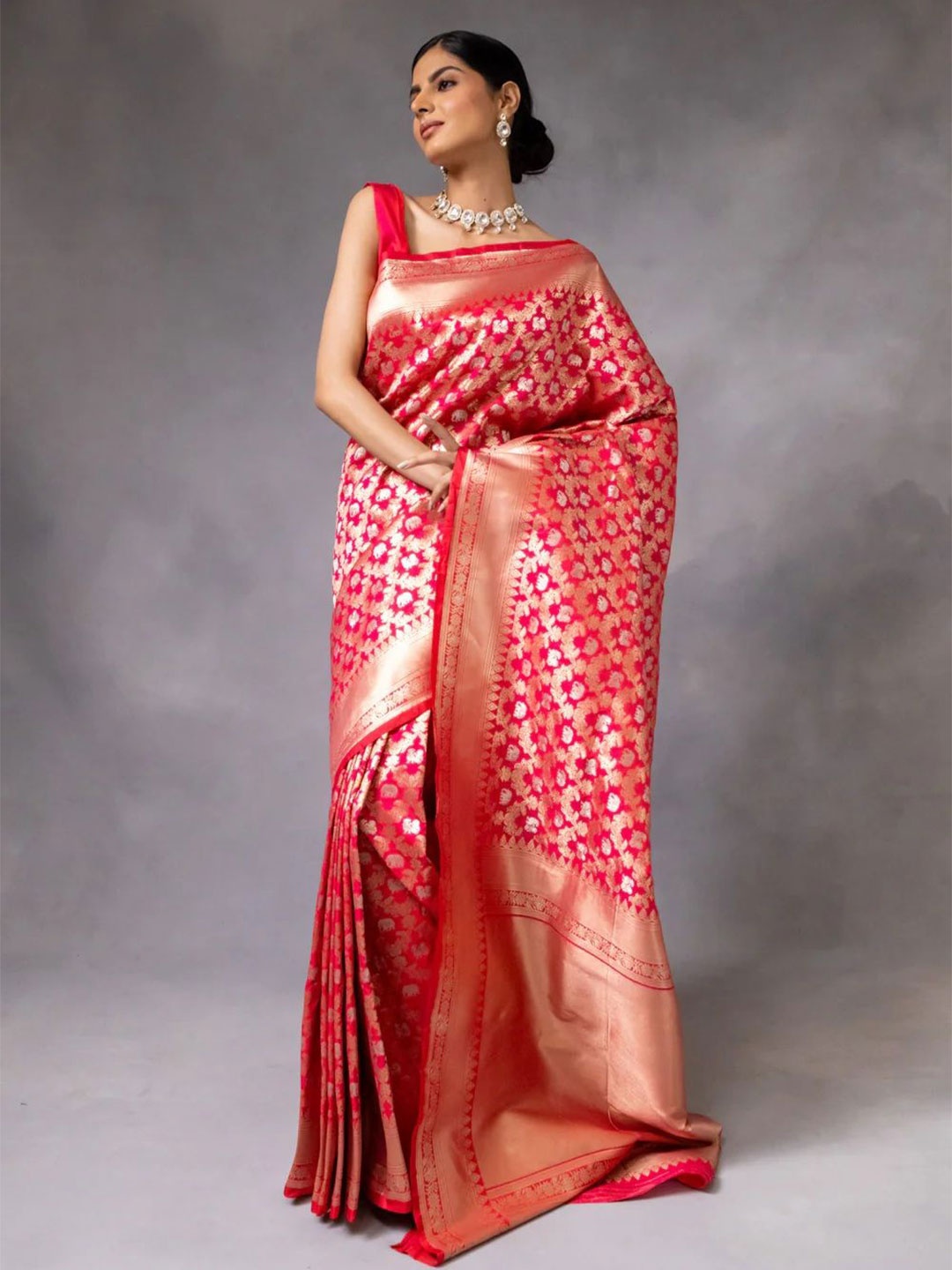 

KALINI Ethnic Motifs Woven Design Zari Banarasi Saree, Red