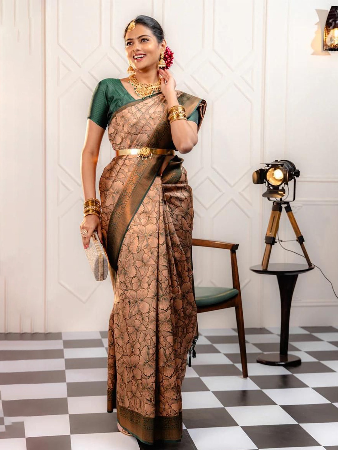 

KALINI Woven Design Printed Zari Banarasi Saree, Cream