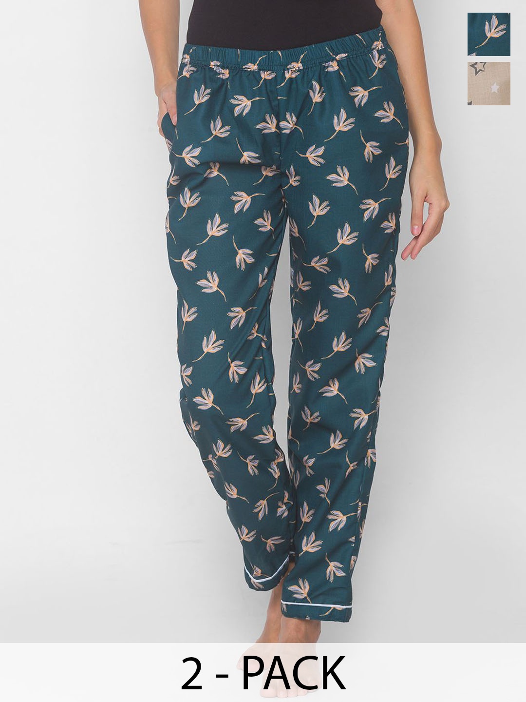 

NOIRA Women Pack Of 2 Printed Mid-Rise Lounge Pants, Blue